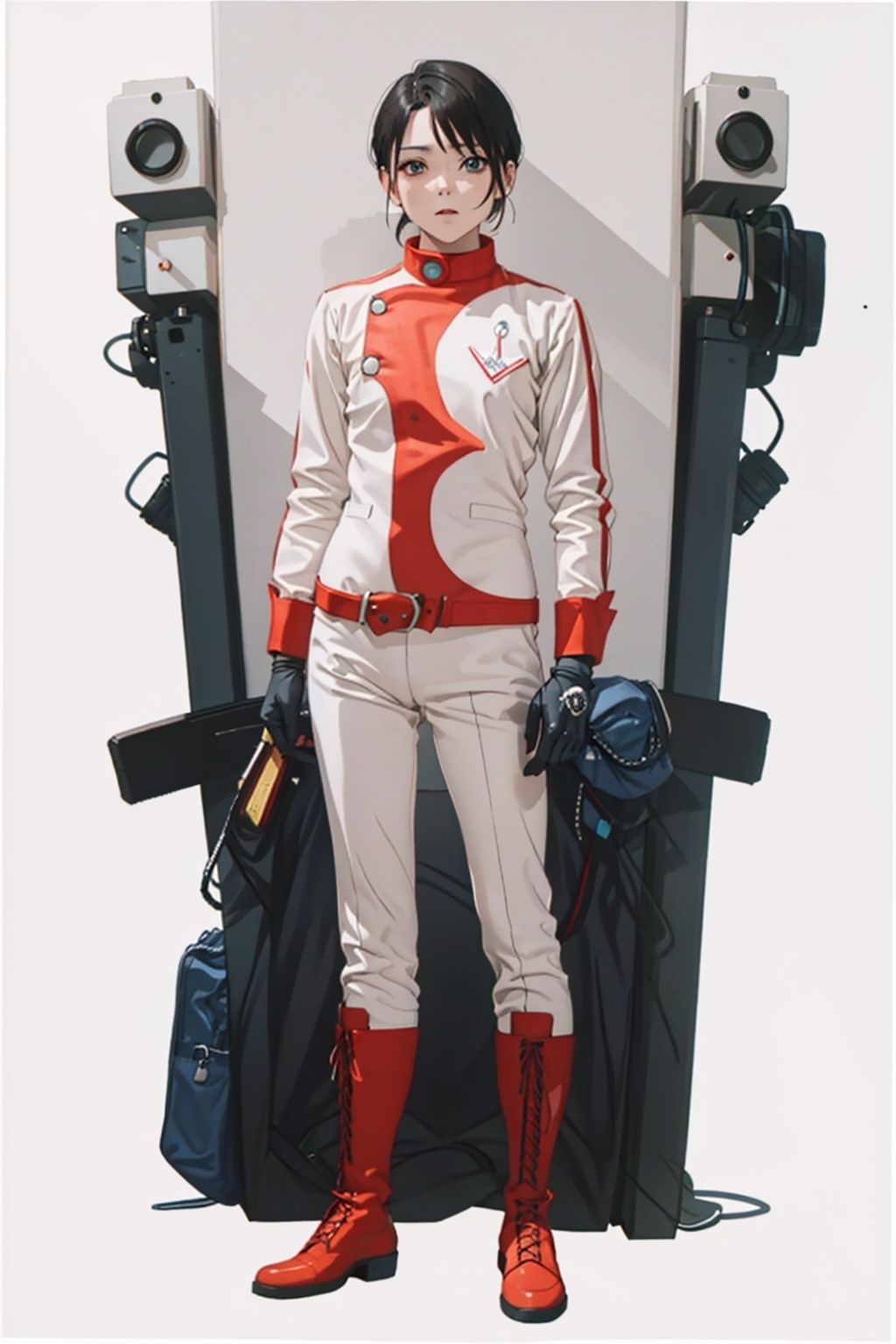  (masterpiece:1.3), (the best quality:1.2), (super fine illustrations:1.2), (Masterpiece), high quality, high detail,((white background:1.2)), looking at viewer, (SOLO:1.4),outline,,simple background,collar, choker,belt,boots,emblem,military uniform,logo,pants,armor,uniform,bodysuit,choker,belt pouch, jacket, collar, helmet, gloves, fingerless gloves, belt, logo