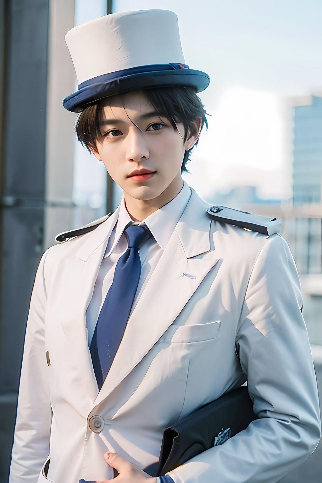  (Masterpiece: 1.8) ,1boy, gloves, male focus, hat, white gloves, solo, red necktie, formal, black hair, suit, blue eyes, anatomically correct, high details, best quality, HD