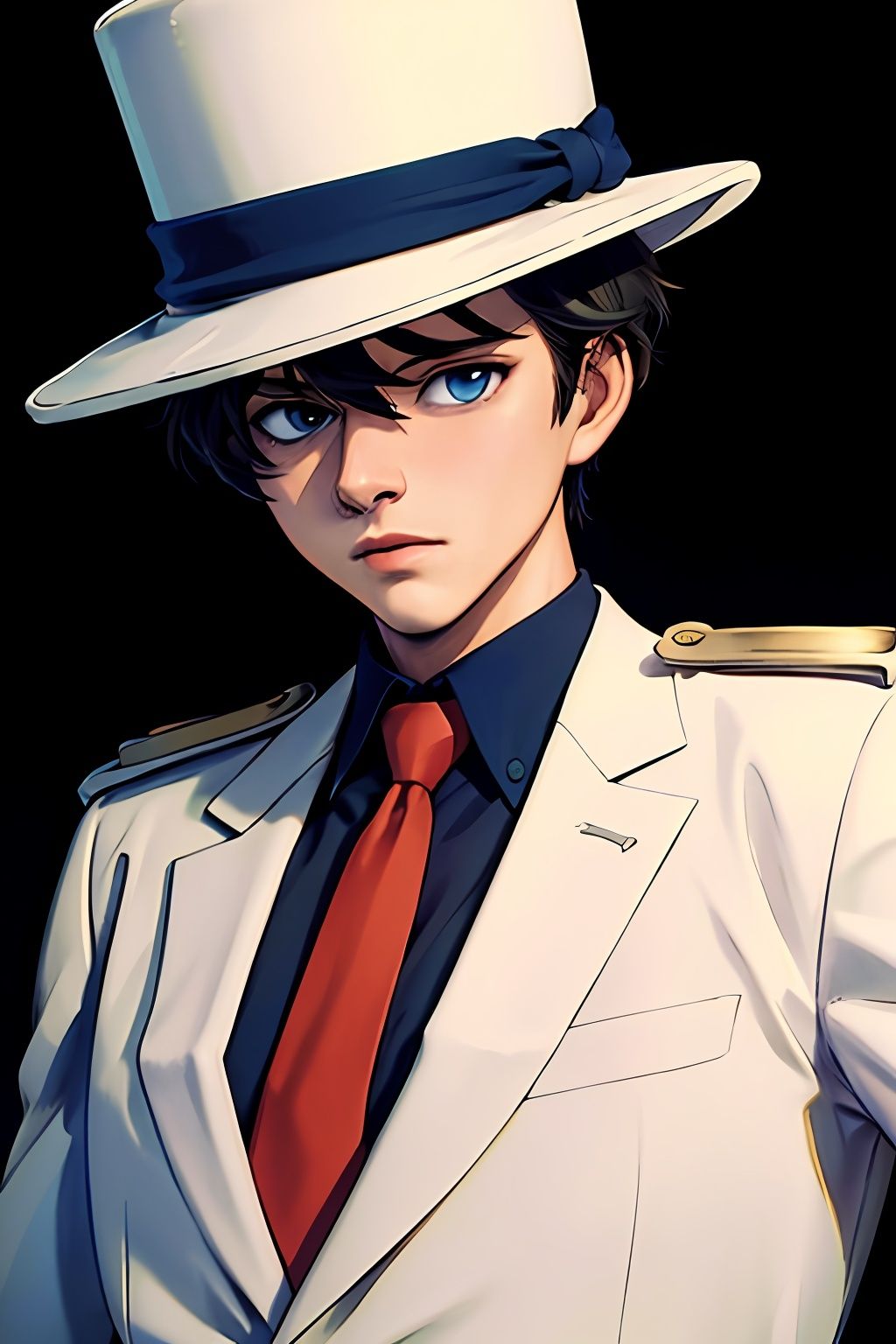  (Masterpiece: 1.8) ,1boy, gloves, male focus, hat, white gloves, solo, red necktie, formal, black hair, suit, blue eyes, anatomically correct, high details, best quality, HD