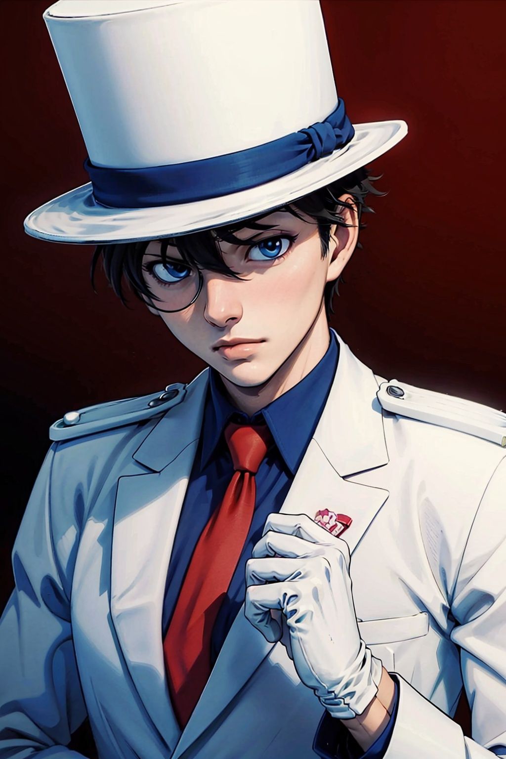  (Masterpiece: 1.8) ,1boy, gloves, male focus, hat, white gloves, solo, red necktie, formal, black hair, suit, blue eyes, anatomically correct, high details, best quality, HD