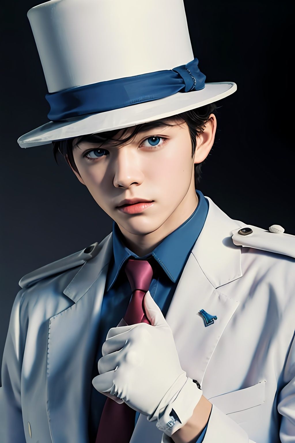  (Masterpiece: 1.8) ,1boy, gloves, male focus, hat, white gloves, solo, red necktie, formal, black hair, suit, blue eyes, anatomically correct, high details, best quality, HD