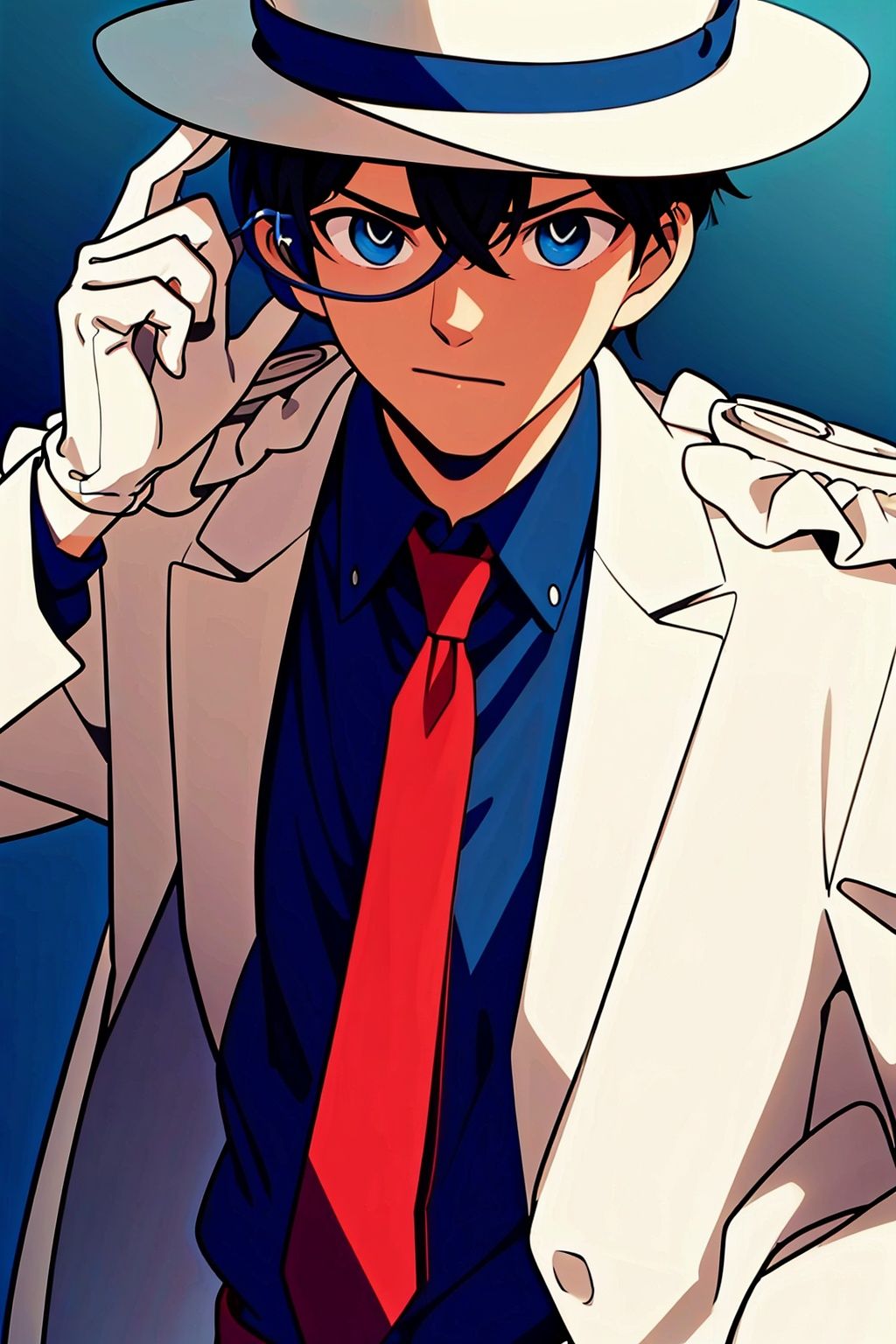  (Masterpiece: 1.8) ,1boy, gloves, male focus, hat, white gloves, solo, red necktie, formal, black hair, suit, blue eyes, anatomically correct, high details, best quality, HD