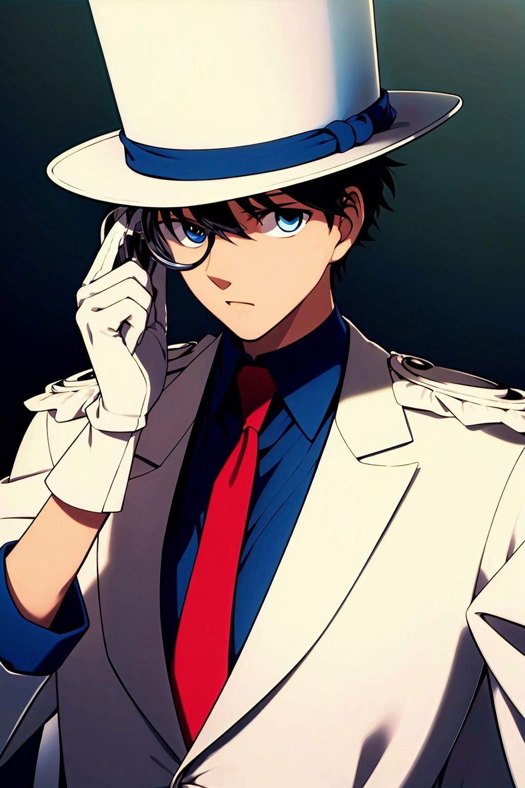  (Masterpiece: 1.8) ,1boy, gloves, male focus, hat, white gloves, solo, red necktie, formal, black hair, suit, blue eyes, anatomically correct, high details, best quality, HD