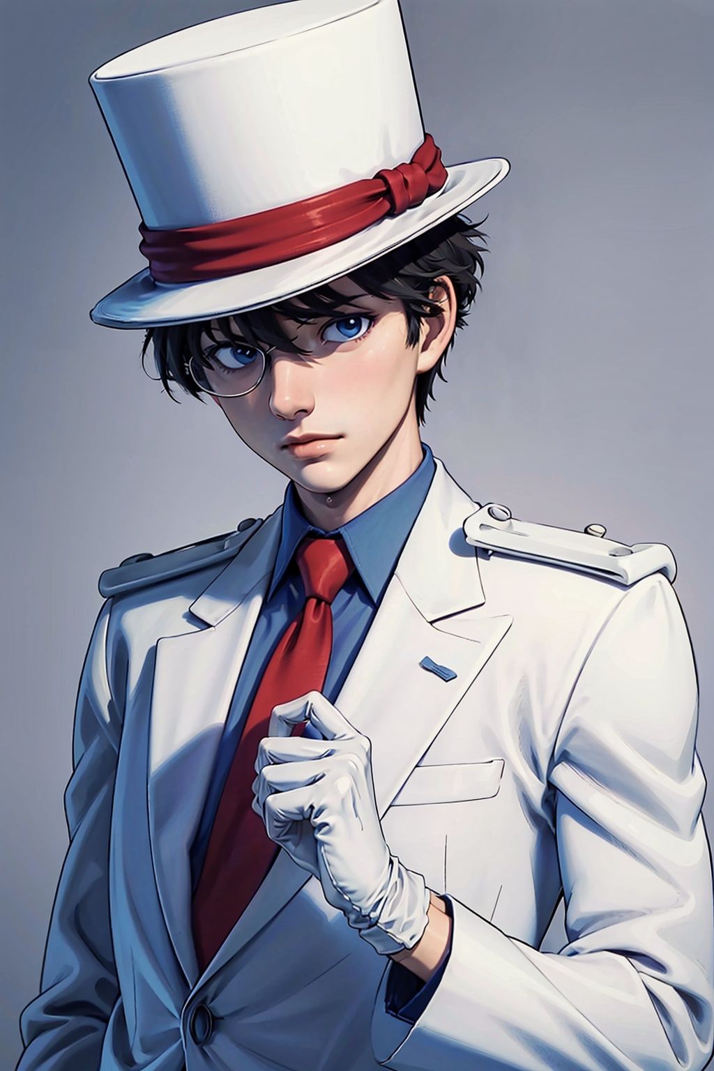 (Masterpiece: 1.8) ,1boy, gloves, male focus, hat, white gloves, solo, red necktie, formal, black hair, suit, blue eyes, anatomically correct, high details, best quality, HD