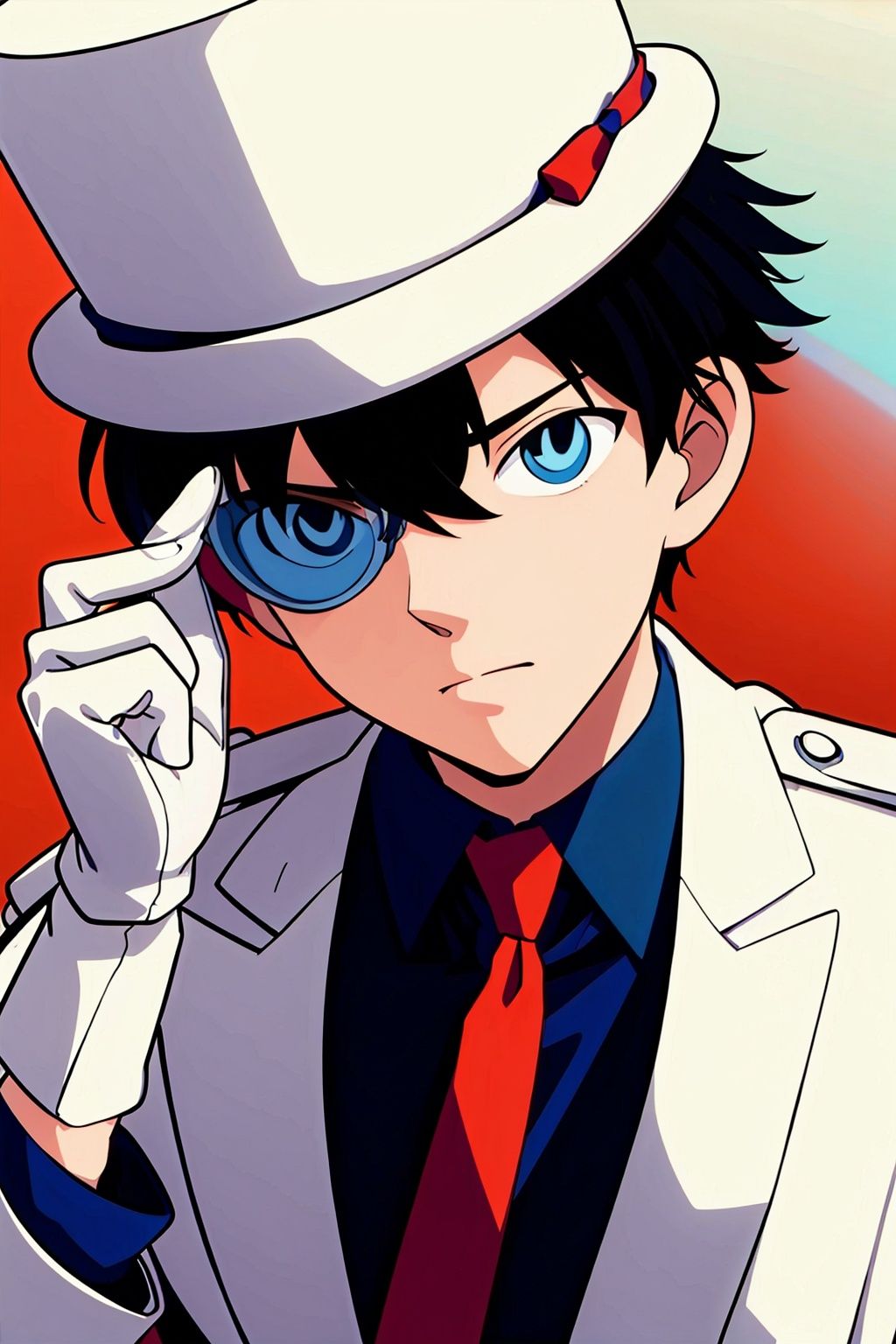  (Masterpiece: 1.8) ,1boy, gloves, male focus, hat, white gloves, solo, red necktie, formal, black hair, suit, blue eyes, anatomically correct, high details, best quality, HD