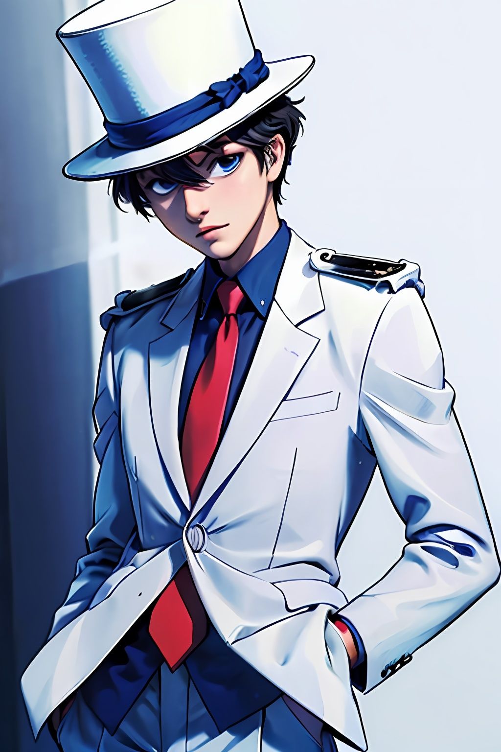  (Masterpiece: 1.8) ,1boy, gloves, male focus, hat, white gloves, solo, red necktie, formal, black hair, suit, blue eyes, anatomically correct, high details, best quality, HD