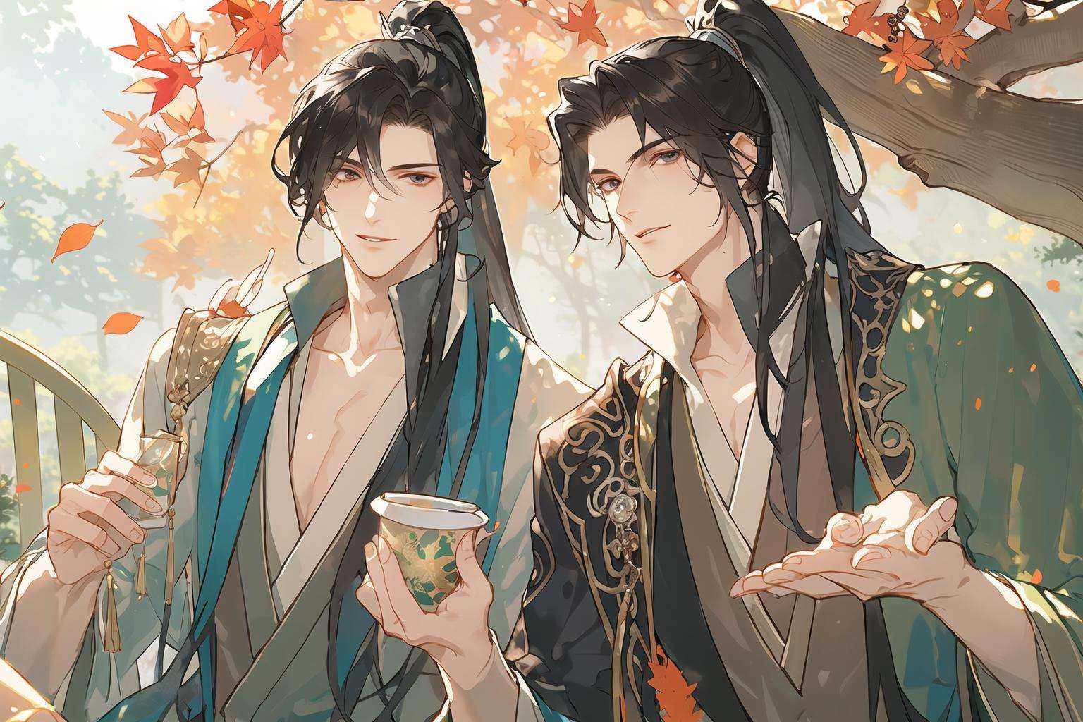 multiple boys, 2boys, long hair, sitting, male focus, cup, black hair, ponytail, tree, chinese clothes, outdoors, leaf, table, high ponytail, holding cup, holding, day, jewelry, hanfu, sakazuki,<lora:tietie2-000006:0.6>,