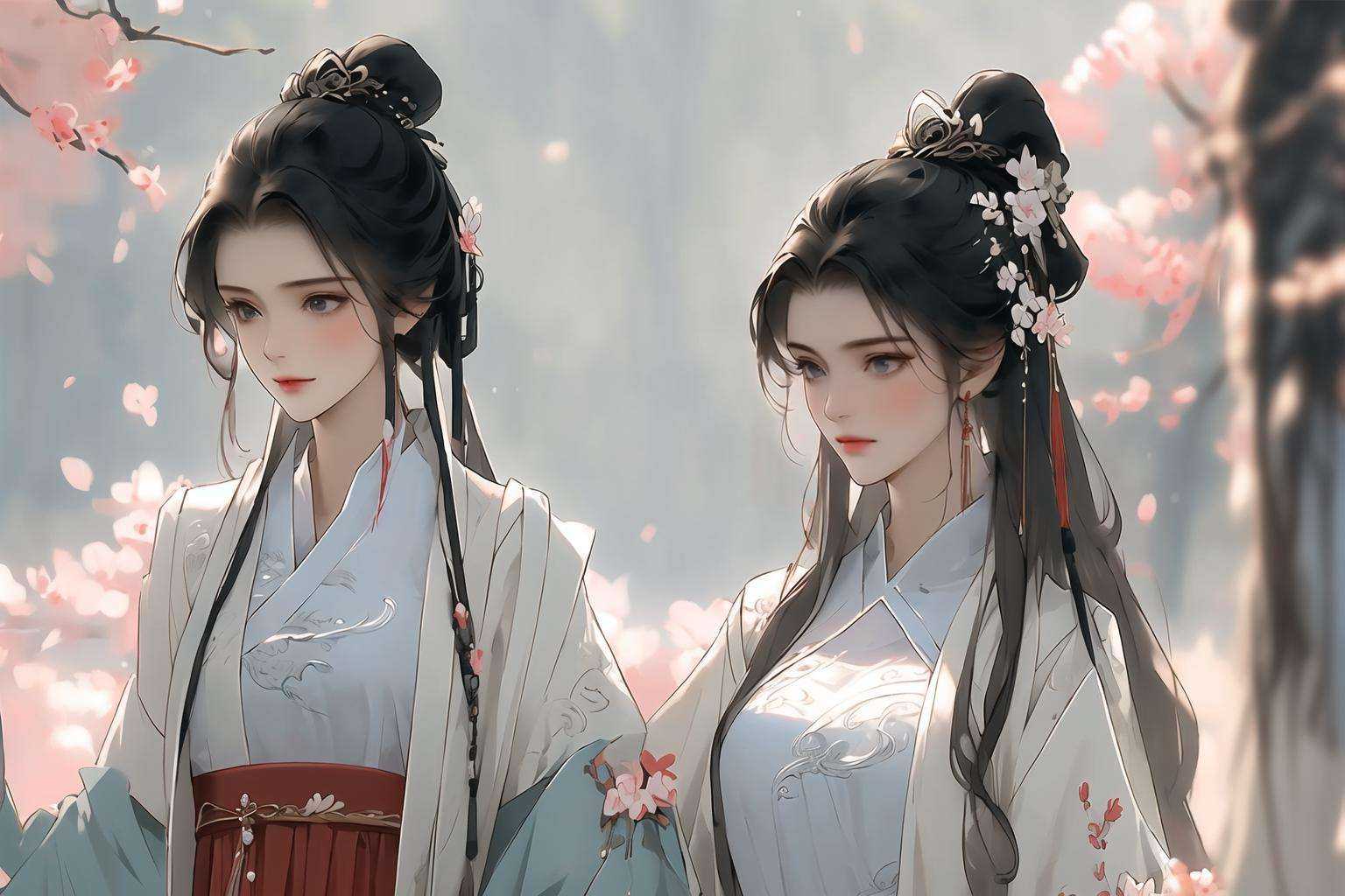 (masterpiece),(best quality),(ultra-detailed),dress,multiple girls,2girls,,Chinese clothing,hanfu,<lora:ouka_长相思:0.5>,