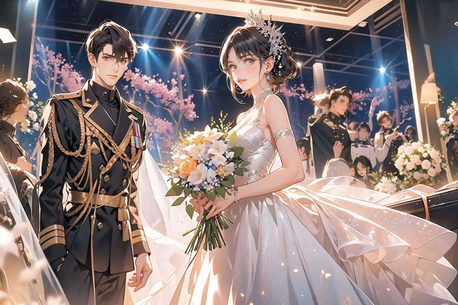 (masterpiece:1.2),(masterpiece, top quality, best quality),highres,original,dynamic pose,1 girl, 1 boy, flowers, black hair, evening gown, dress, military uniform, military uniform, bouquet, long hair, hair accessories, earrings, military uniform, shirt, holding bouquet, white flower, holding, straight, white shirt, pink flower, looking at the audience, short hair<lora:hunli:0.5>