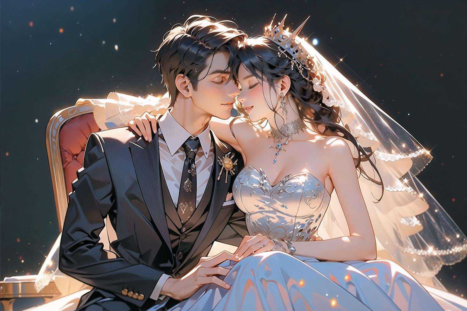 (masterpiece:1.2),(masterpiece, top quality, best quality),highres,original,dynamic pose,1girl, 1boy, formal, dress, suit, veil, brown hair, wedding dress, necktie, sitting, realistic, black hair, closed eyes, short hair, bridal veil, chair, smile, tiara, bare shoulders, white dress, looking at another, stool)<lora:hunli:0.6>
