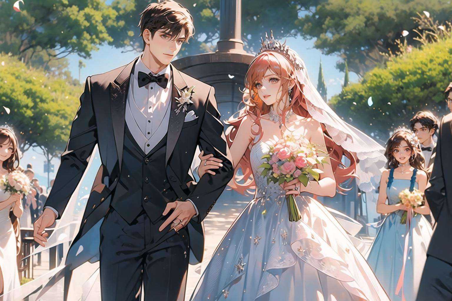 (masterpiece:1.2),(masterpiece, top quality, best quality),highres,original,dynamic pose,1girl, 1boy, dress, veil, wedding dress, black hair, bow, long hair, hetero, tiara, jewelry, black pants, bowtie, formal, white dress, pants, ring, standing, wedding, outdoors, suit, tuxedo, couple, looking at another, bridal veil, bride, day, vest, black bowtie, black bow, groom, novel cover, pink hair, flower, brown eyes)<lora:hunli:0.6>
