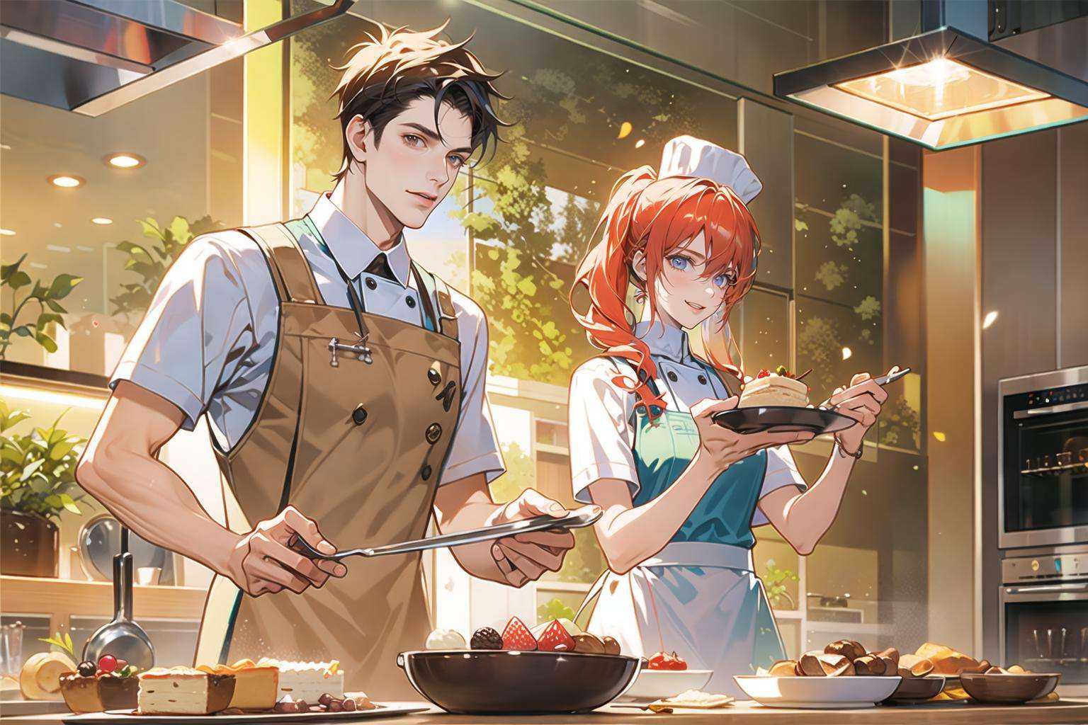 (masterpiece:1.2),(masterpiece, top quality, best quality)1 girl, 1 boy, 2 people, chef, Chef hat, kitchen, pastry, cake, cream, dessert, food,chef uniform, chef, kirochef, <lora:hunli:0.5>