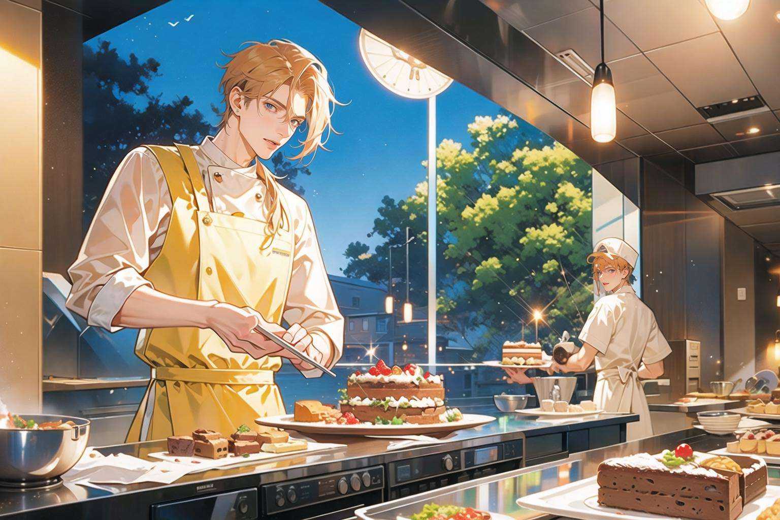 (masterpiece:1.2),(masterpiece, top quality, best quality)1 girl, 1 boy, 2 people, chef, Chef hat, kitchen, pastry, cake, cream, dessert, food,chef uniform, chef, kirochef, <lora:hunli:0.5>