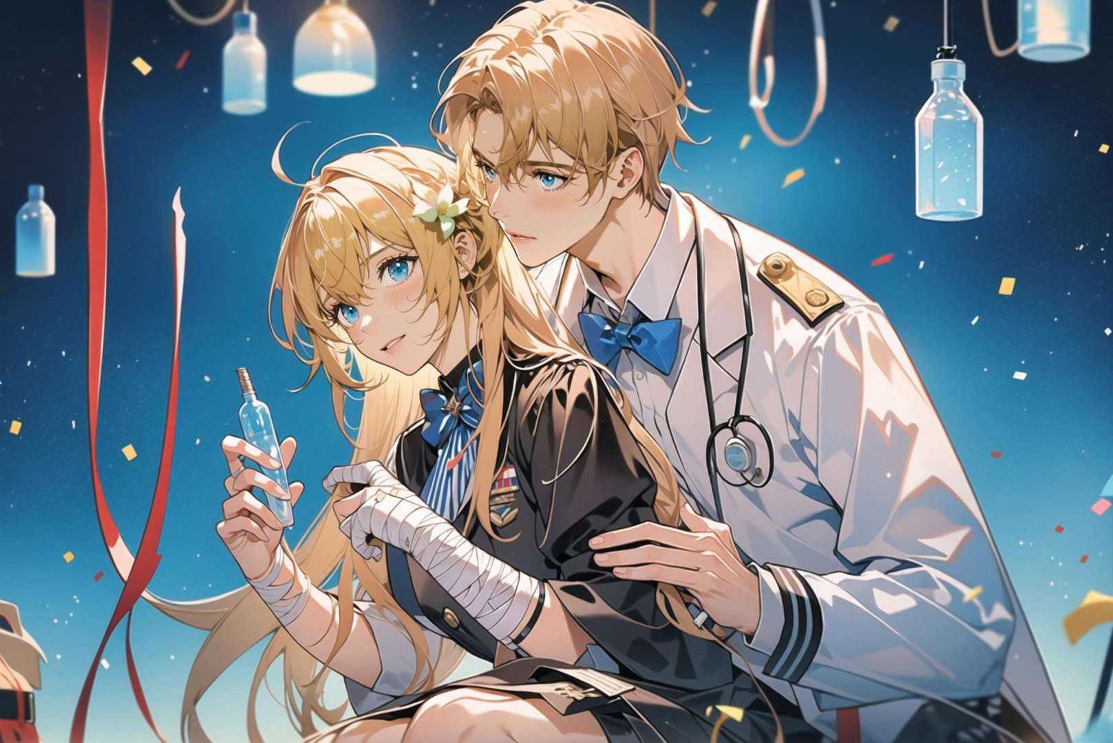 (masterpiece:1.2),(masterpiece, top quality, best quality)1 girl, 1 boy, 2 people, white shirt, hip skirt, shirt, bow tie, white collar, military uniform, military vehicle, shirt, white flower, military doctor, medical kit, needles, medicine, medicine bottle, bandages,female doctor \(arknights\),<lora:hunli:0.5>