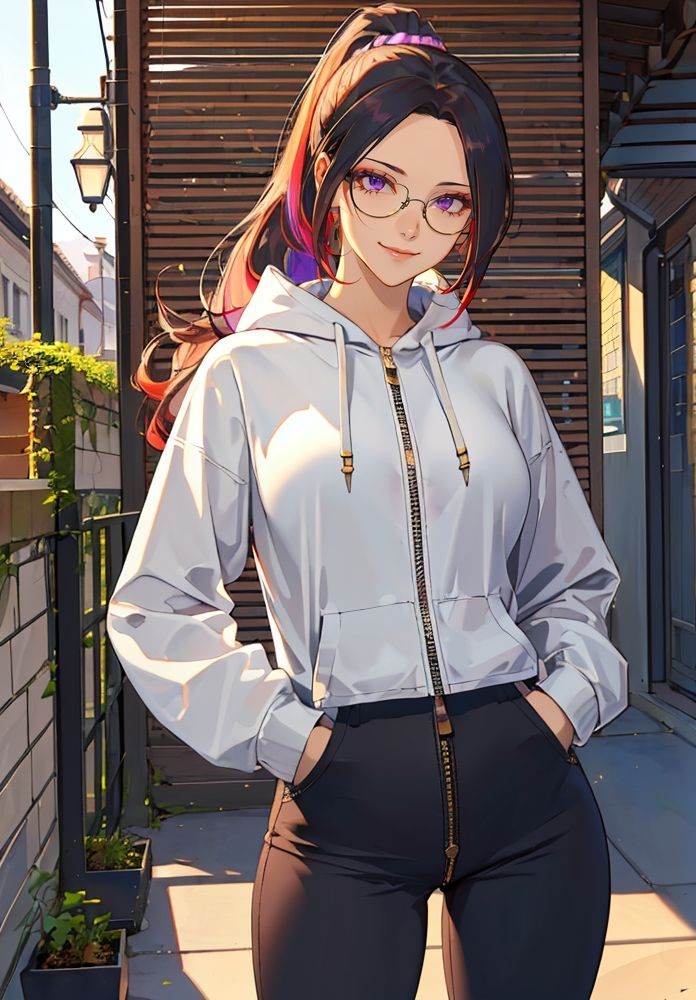 (masterpiece),(best quality),highres,incredibly absurdres,absurdres,very_high resolution,original,intricate details,hyper detail,ultra-detailed,exquisite detailed,extremely delicate,illustration,chromatic aberration,film grain,cinematic,bokeh,caustics,emphasis lines,extremely detailed CG,unity 8k wallpaper,flat color,sketch,(1girl),shiny hair,glossy hair,sharp_eyelid,eyeliner,eyelashes,eyeshadow,tall female,mature female,*******,perfect detailed face,lips,(lipgloss),feminine proportions,skinny,toned,slim,wide hips,curvy,large_breasts,perky_breasts,shiny skin,glossy skin,(long legs),cropped legs,cowboy shot,knee,(detailed beautiful scene),scenery,landscape,bloom,picturesque,UHD wallpaper,HDR,global illumination,volumetric light,wavy hair,forehead,parted bangs,black hair,multicolored hair,gradient hair,red hair,hair behind ear,low ponytail,ponytail,purple eyes,smile,light smile,(black_pants),(grey_hoodie),long sleeves,(zipper),sunlight,nature,street,window,plant,brick wall,(vines),(alley),depth of field,(hands in pockets),(round eyewear),glasses,circle-glasses,<lora:mashu style-03:0.8>, mashu_style,