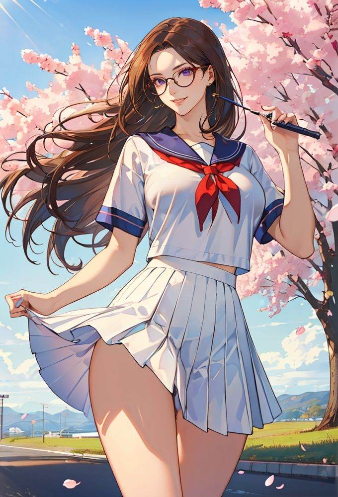 (masterpiece),(best quality),highres,incredibly absurdres,absurdres,very_high resolution,original,intricate details,hyper detail,ultra-detailed,exquisite detailed,extremely delicate,illustration,chromatic aberration,film grain,cinematic,bokeh,caustics,emphasis lines,extremely detailed CG,unity 8k wallpaper,(1girl),shiny hair,glossy hair,sharp_eyelid,eyeliner,eyelashes,eyeshadow,tall female,mature female,*******,perfect detailed face,lips,(lipgloss),feminine proportions,skinny,toned,slim,wide hips,curvy,large_breasts,perky_breasts,shiny skin,glossy skin,(long legs),cropped legs,cowboy shot,knee,(detailed beautiful scene),scenery,landscape,bloom,picturesque,UHD wallpaper,HDR,global illumination,volumetric light,wavy hair,forehead,parted bangs,lateral view,long hair,brown hair,(floating hair:1.2),motion blur,dynamic pose,looking away,running,purple eyes,smile,grin,bare legs,sailor collar,white shirt,pleated skirt,grey skirt,short sleeves,neck ribbon,outdoors,tree,day,sunlight,grass,plum blossoms,cherry blossoms,road,nature,(round eyewear),glasses,circle-glasses,<lora:mashu style-03:0.8>, mashu_style,