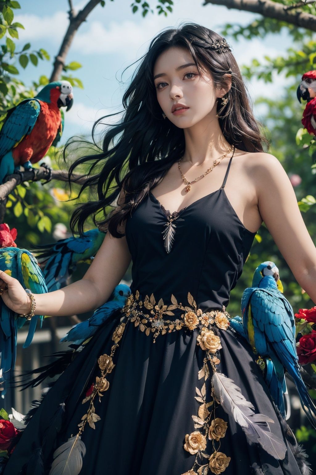 1 girl (surrounded by parrots), necklace, black hair, black long hair, flowers, branches, solo, long hair, feathered dress, floating feathers, black feathers, brown hair, parrots, foreground blocking, depth of field, looking at the audience, dynamic posture, realistic, rose,