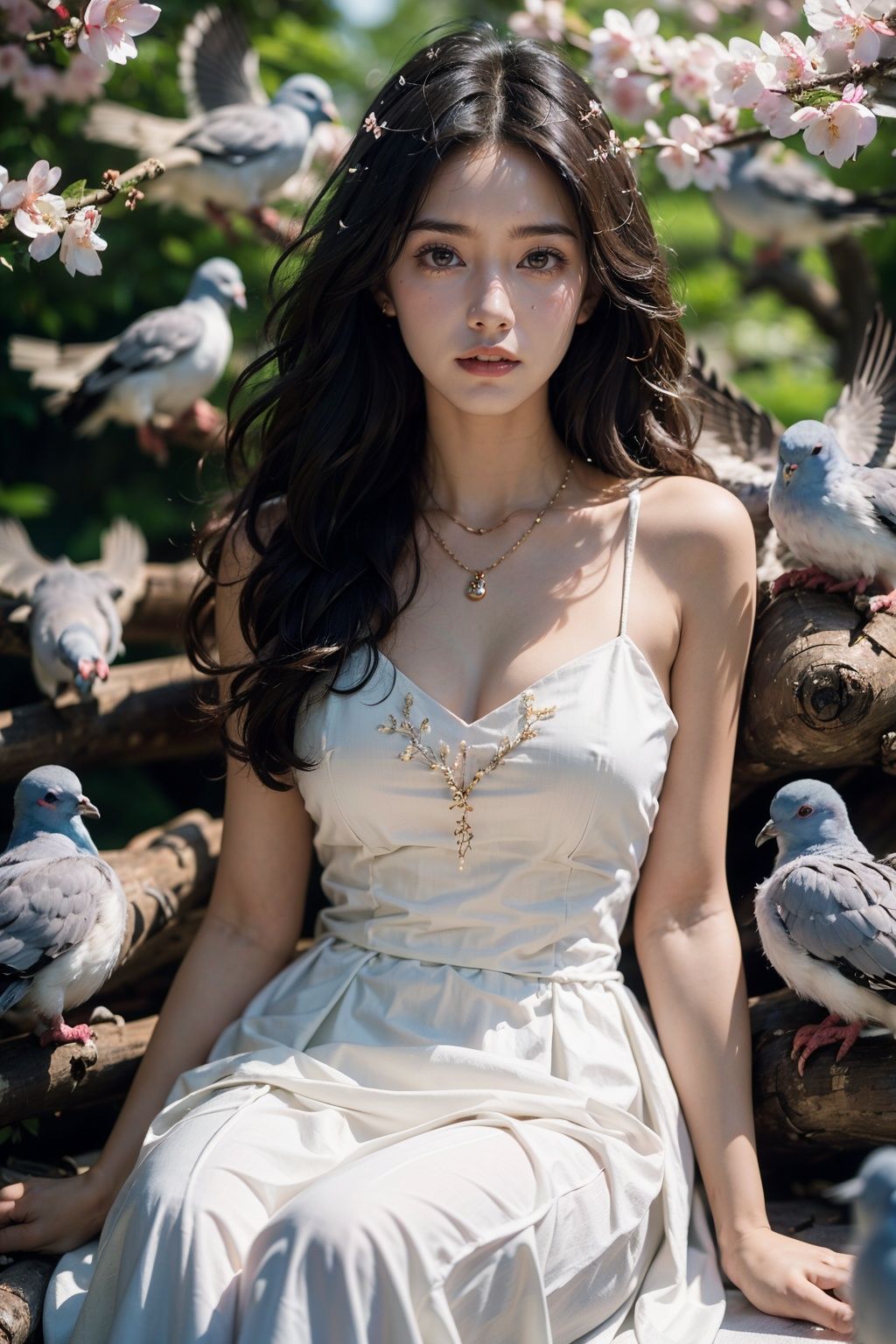 1 girl (surrounded by pigeons), necklace, black hair, dress, sitting, black long hair, flowers, branches, solo, long hair, white dress, brown hair, bare shoulders, birds, foreground blocking, depth of field, watching the audience, dynamic posture, realistic, cherry blossom, feathers