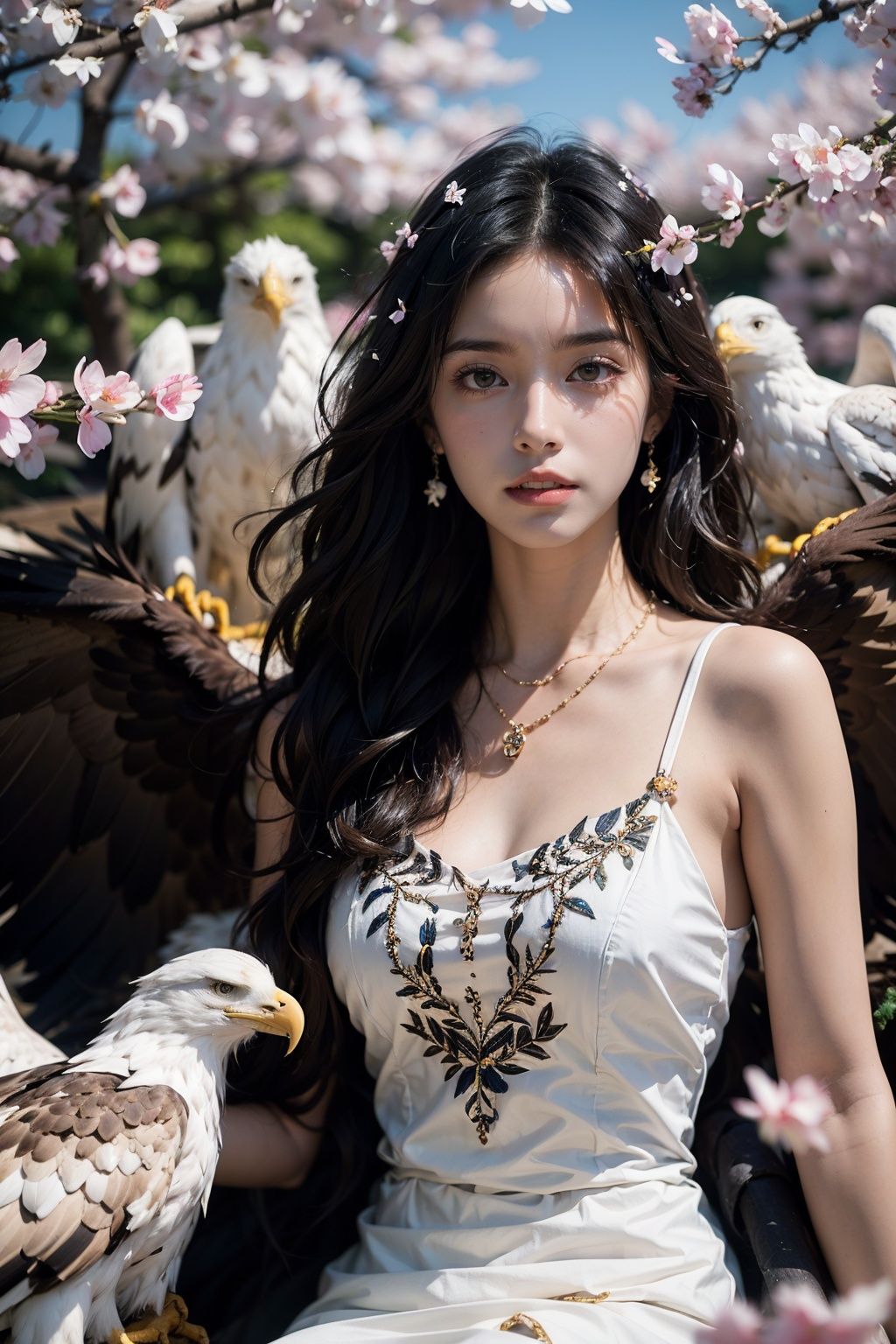 1 girl (surrounded by eagles), necklace, black hair, dress, sitting, black long hair, flowers, branches, solo, long hair, embroidered dress, brown hair, bare shoulders, various eagles, foreground blocking, depth of field, watching the audience, dynamic posture, realistic, cherry blossoms, feathers