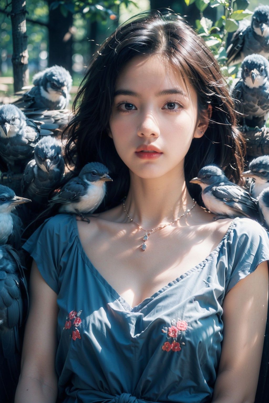 (Masterpiece, best quality, high-resolution: 1.2), (upper body), 1 girl, blue floral dress. Solo, (surrounded by 20 birds), powder blusher, smoky makeup, lipstick, diamond necklace, black hair, long black hair, flowers, trees, 20 identical birds sleep together, squeeze each other, squint. Foreground occlusion, portrait, depth of field, looking at the audience, slow motion, rose, retro, anatomical correctness, best quality, movie lighting