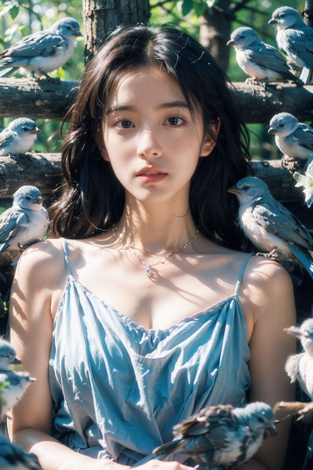 (Masterpiece, best quality, high-resolution: 1.2), (upper body), 1 girl, blue floral dress. Solo, (surrounded by 20 birds), powder blusher, smoky makeup, lipstick, diamond necklace, black hair, long black hair, flowers, trees, 20 identical birds sleep together, squeeze each other, squint. Foreground occlusion, portrait, depth of field, looking at the audience, slow motion, rose, retro, anatomical correctness, best quality, movie lighting