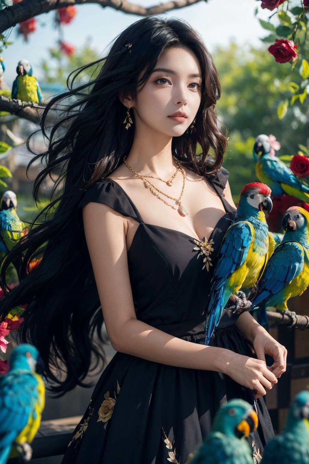 1 girl (surrounded by parrots), necklace, black hair, black long hair, flowers, branches, solo, long hair, feathered dress, floating feathers, black feathers, brown hair, parrots, foreground blocking, depth of field, looking at the audience, dynamic posture, realistic, rose,