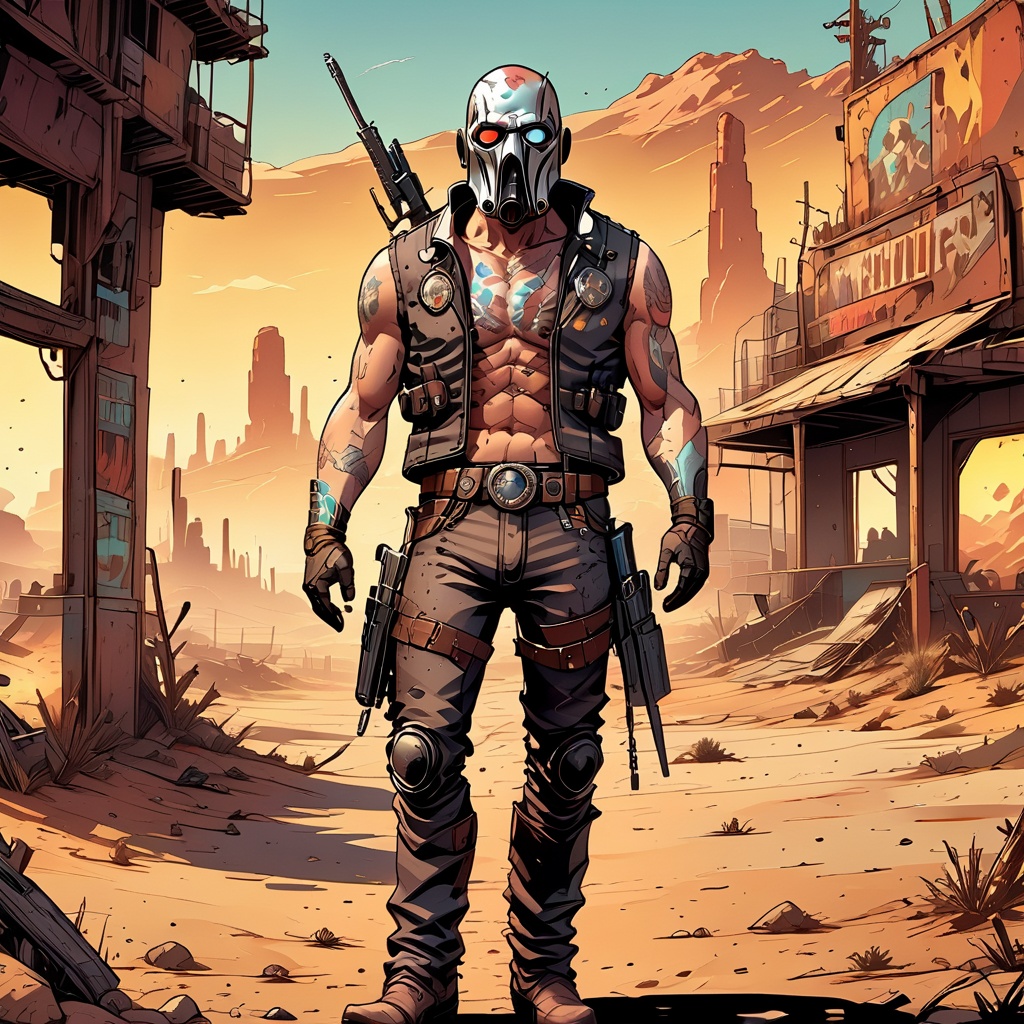 Imagine a fearsome bounty hunter standing tall in the cel-shaded wild west,  their trusty revolver gleaming under the hars...