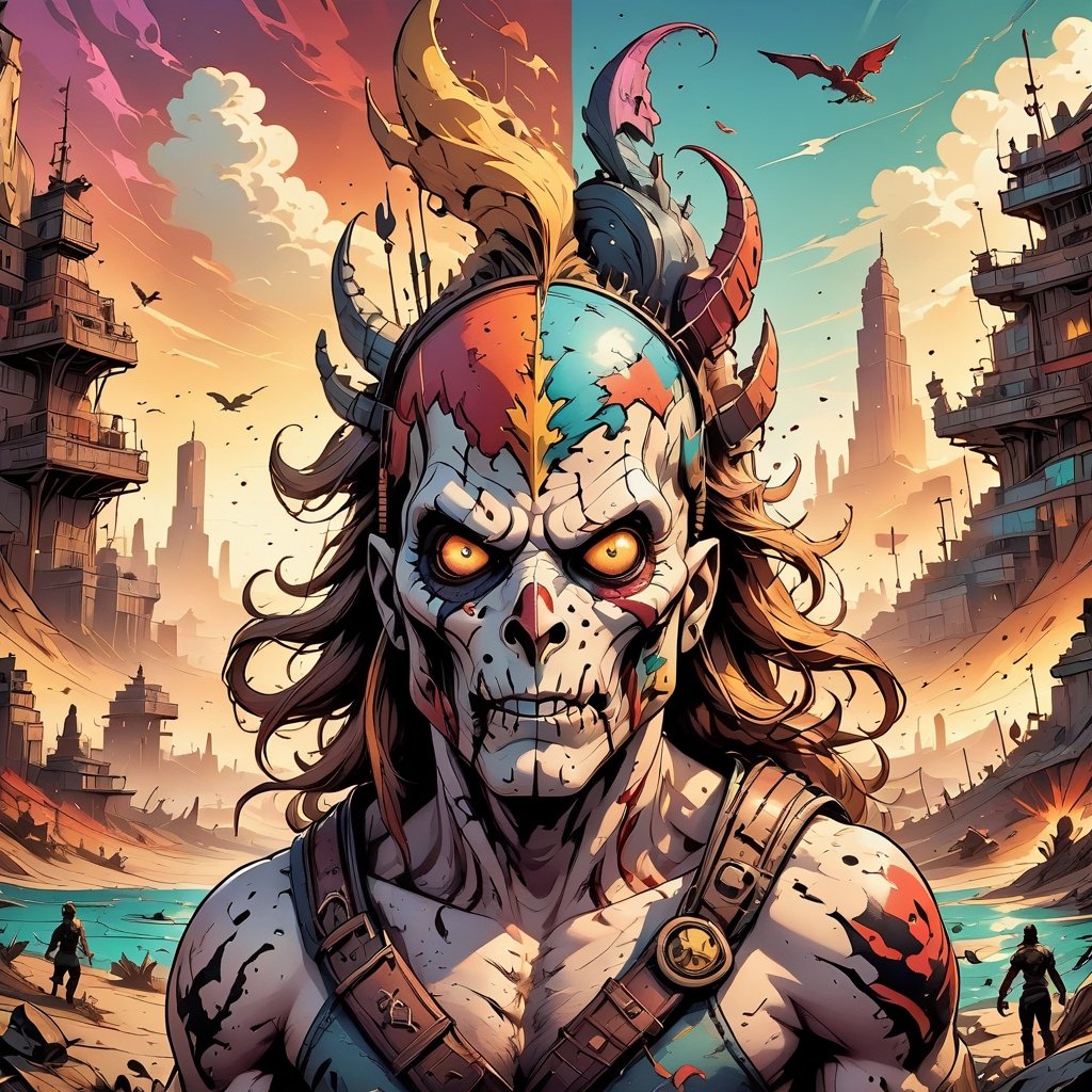 ((Imagine a fantastical kingdom filled with mythical creatures,  a colorful and action-packed comic book scene where each...