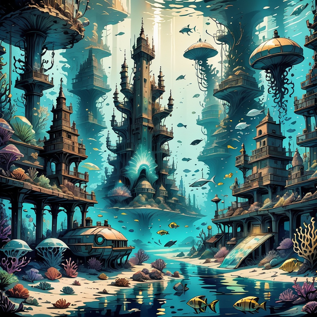 ((Visualize a hidden underwater city,  illuminated by bioluminescent creatures,  where merfolk and marine civilizations th...