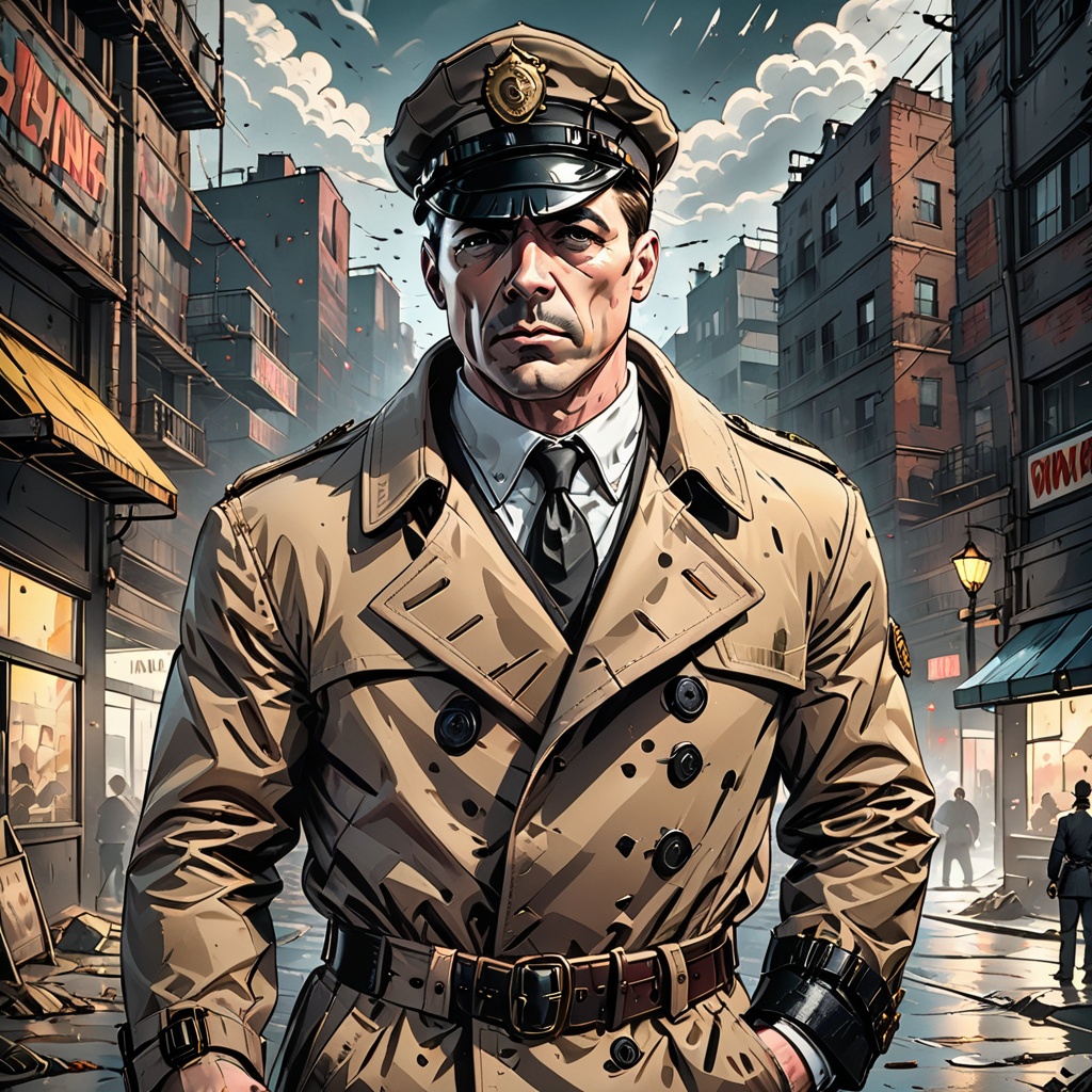 ((Imagine a classic comic book scene set in the noir streets of a 1940s city,  with stark contrasts and bold ink lines bri...
