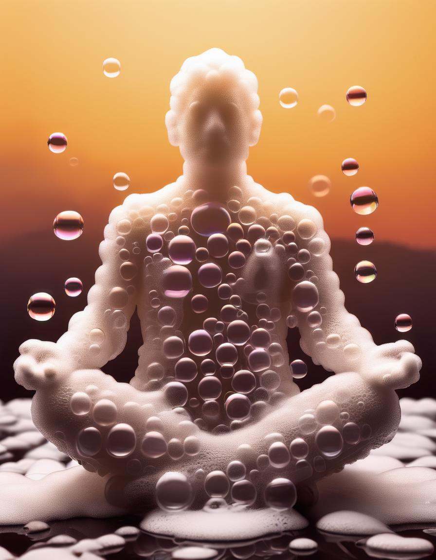 a man in lotus position made of soap bubbles and bath foam,  sunrise background on Tensor.Art