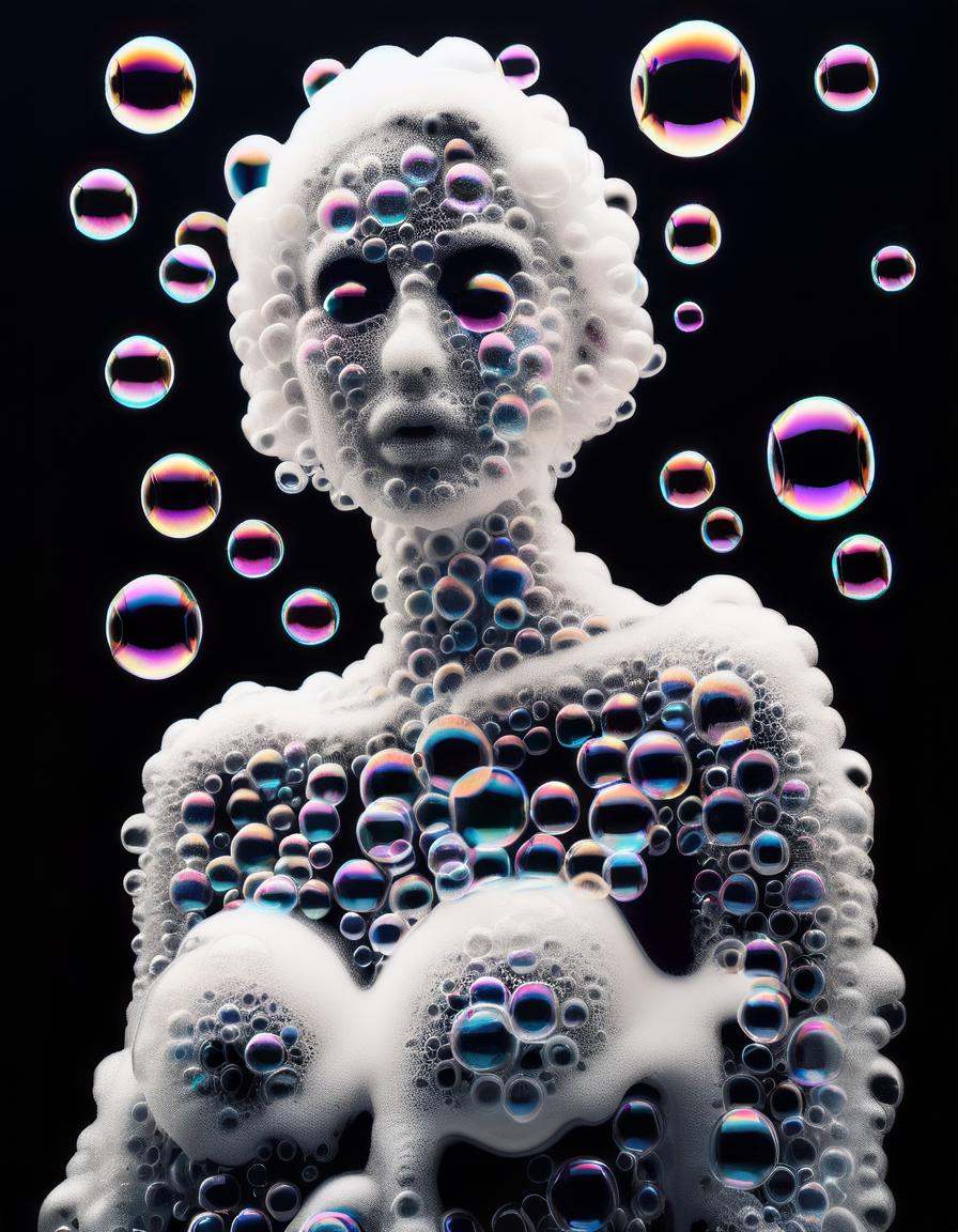 a beautiful woman made of soap bubbles and bath foam,  black background on Tensor.Art
