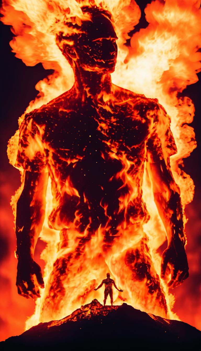 a man made of engulfing fire standing on top of a volcano,  cinematic,  intricate on Tensor.Art