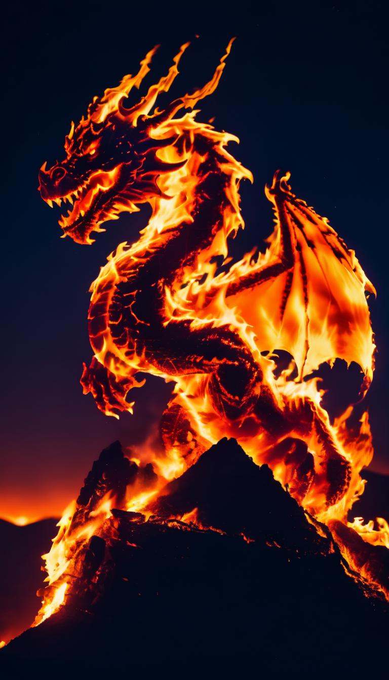 photo of a dragon made of fire sitting on a mountain,  cinematic,  intricate on Tensor.Art