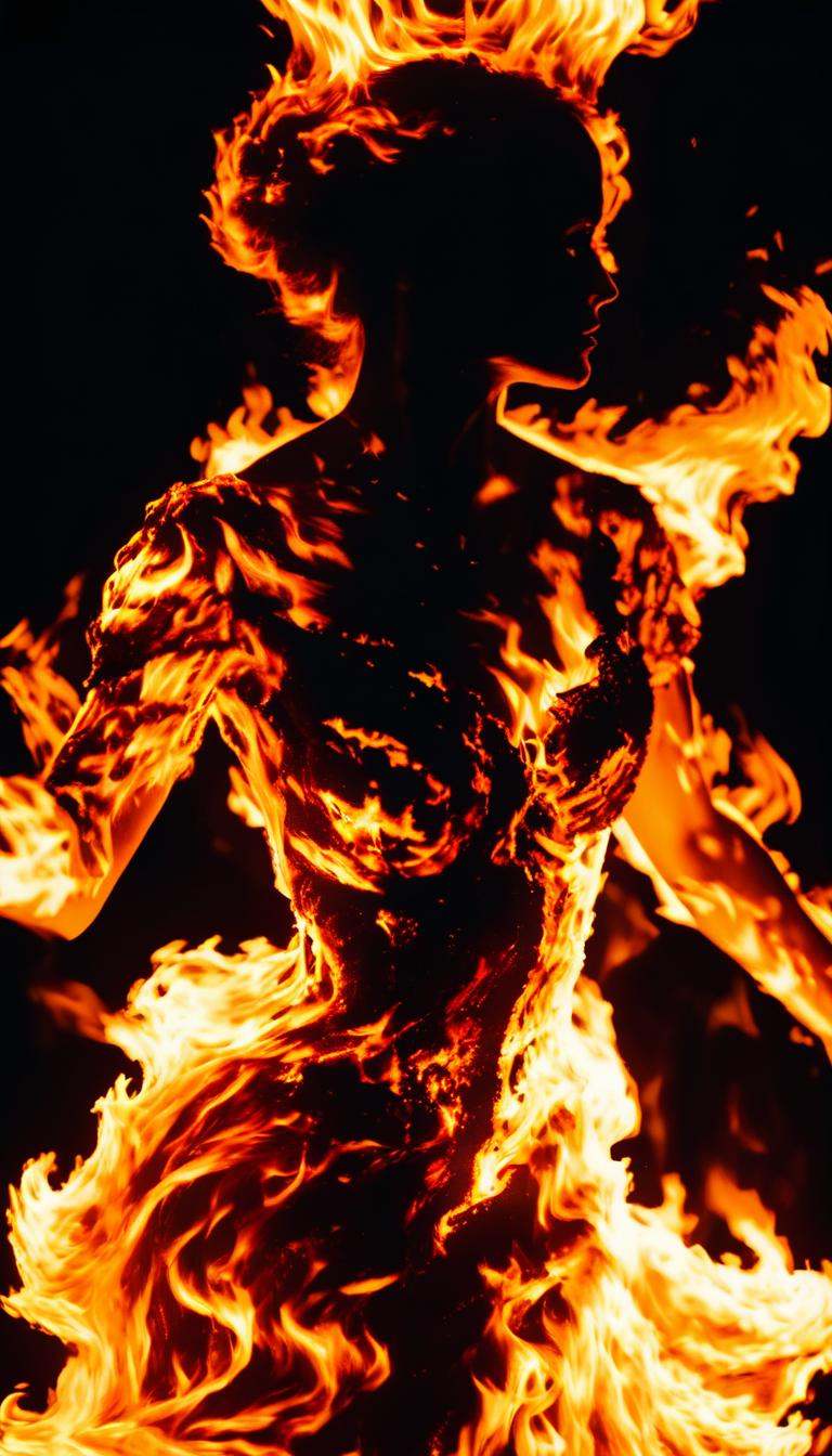 a clothed woman made of engulfing fire,  cinematic,  intricate on Tensor.Art