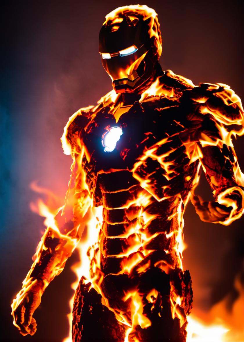 photo of a fire that looks like iron man,  movie still,  volumetric flames on Tensor.Art