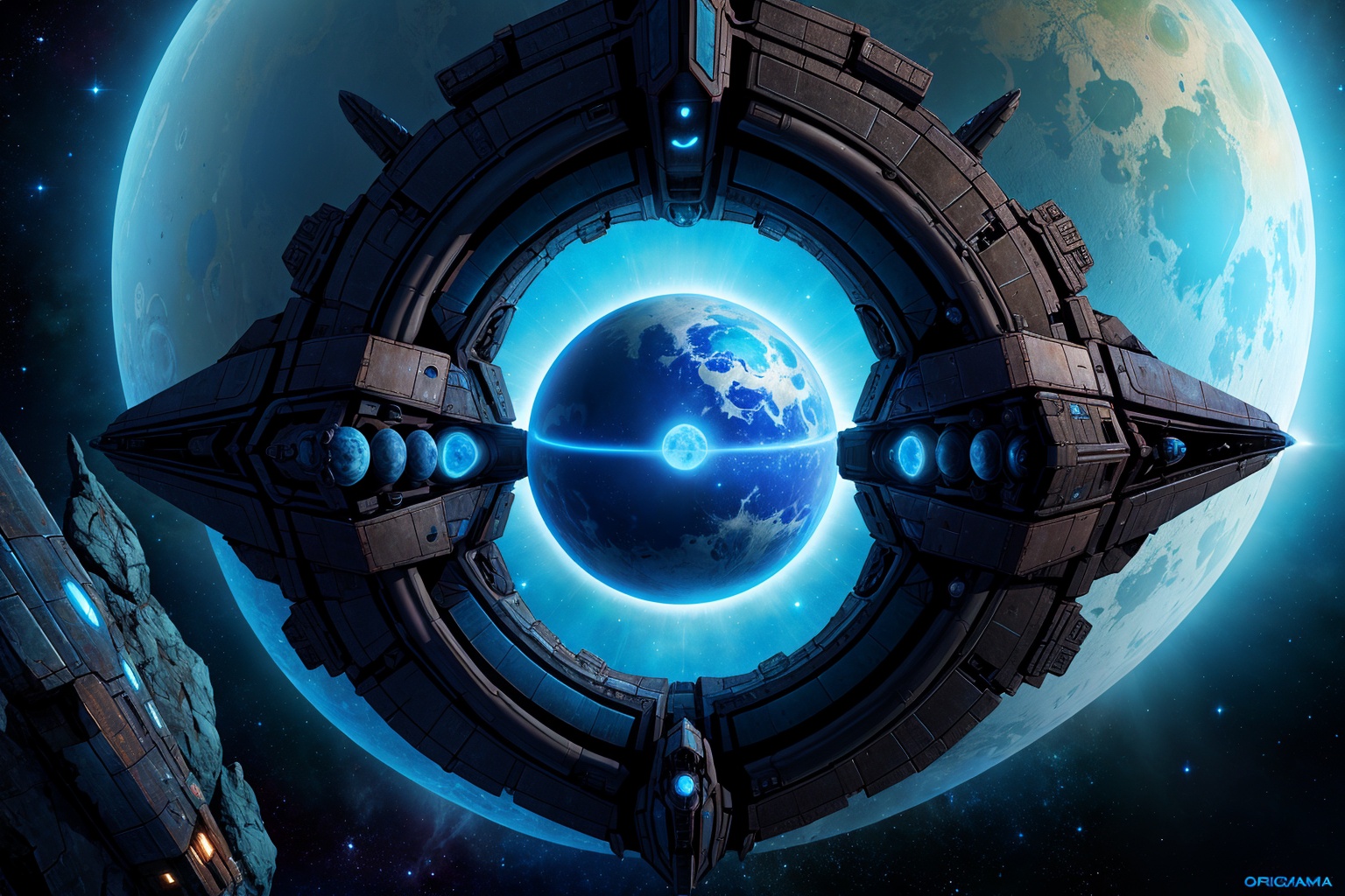 The Ancient's spaceship Destiny,  from the television series Stargate Universe,  orbiting a blue gas giant by Keith on Ten...