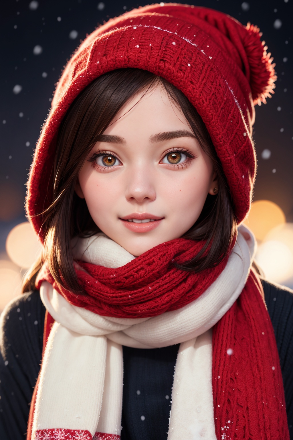 a cute girl in a red hat and scarf,  pretty face,  snowfall in the background by Keith on Tensor.Art