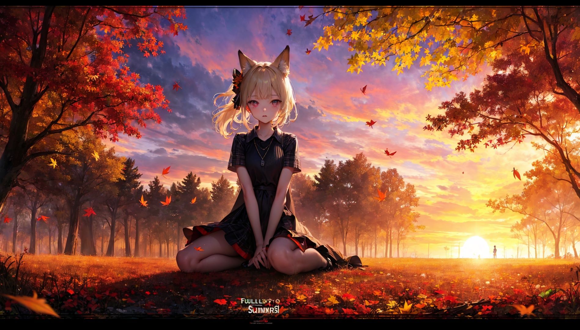 (sunset:1.25), (silhouette:1.3),1girl,  solo,  looking at viewer,  sitting,  fox ears,  full body,  strappy heels, plaid shirt,  short sleeves,   bow,  bangs,  low ponytail,  blonde hair fox tail,  fox girl,  kitsune,  ((autumn,  outdoors,  day,  forest,  falling leaves,  bird,  leaf)),  (fog,  dyntall effect),  (wide shot,  panorama,  full body,  depth of field), (movie poster, english text), (Flagstone road, branches)