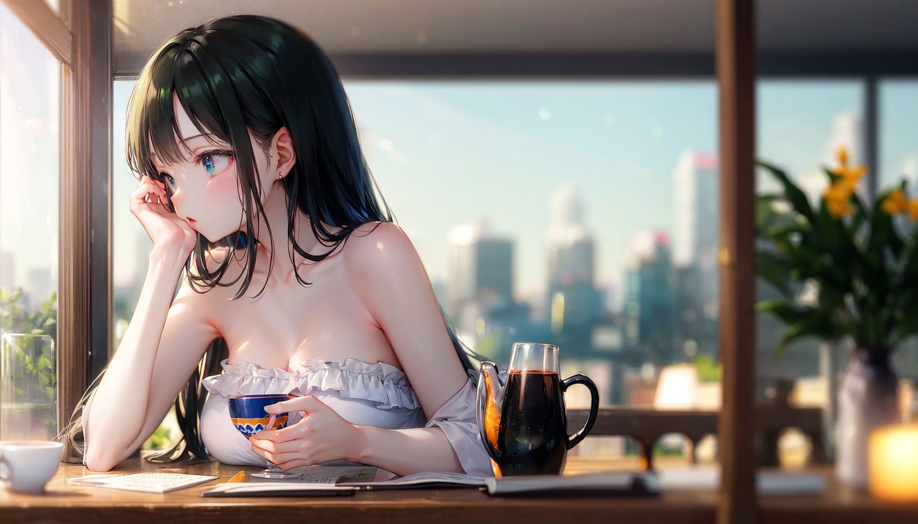 The scenery outside the window,(blurry, depth of field, perspective,blurry foreground:1.35),1girl,white hair,solo,long hair,cup,teacup,book,sitting,reading,The scenery outside the window,bow,chair,tea,anime coloring,loli,Lolita,green eyes,bare shoulders,(((pale skin))),collarbone, strapless