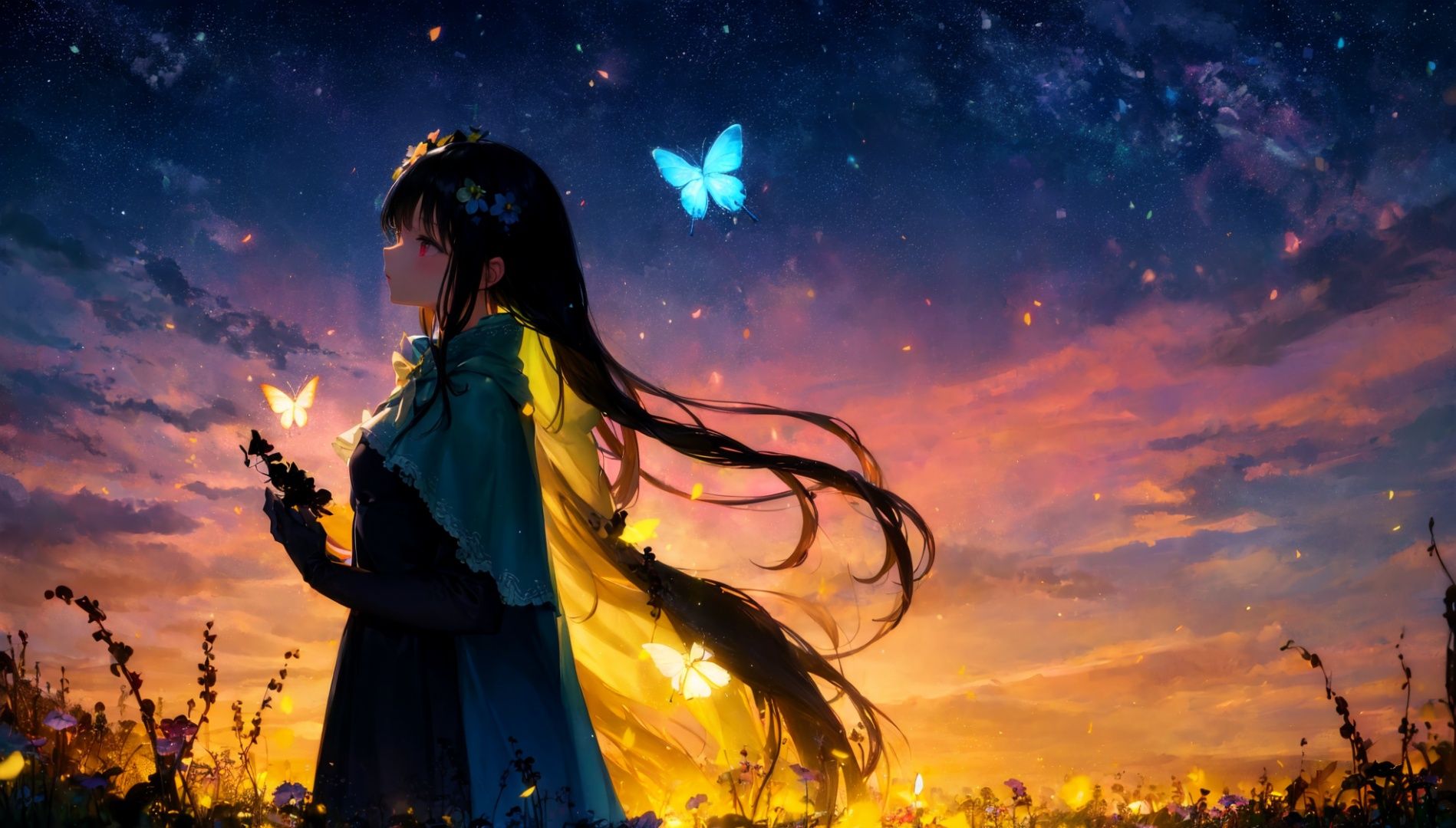 (silhouette:1.3), 1girl with lightblue long hair, hair flowers, with butterfly, cape, in the garden, at night, light particles, firefly, hime cut, (aurora:0.6), \n, starry, strry light, night,colorful