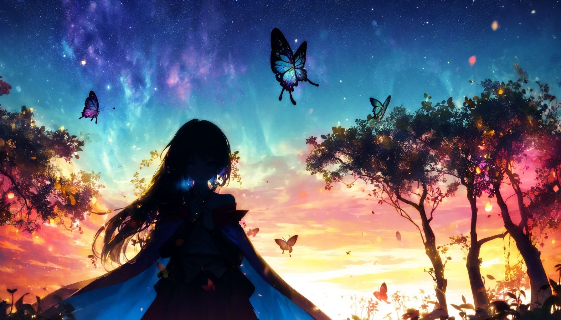 (silhouette:1.3),  1girl with lightblue long hair,  hair flowers,  with butterfly,  cape,  in the garden,  at night,  light particles,  firefly,  hime cut,  (aurora:0.6),   ,  starry,  strry light,  night, ,  starry, <lora:EMS-668-EMS:0.300000>