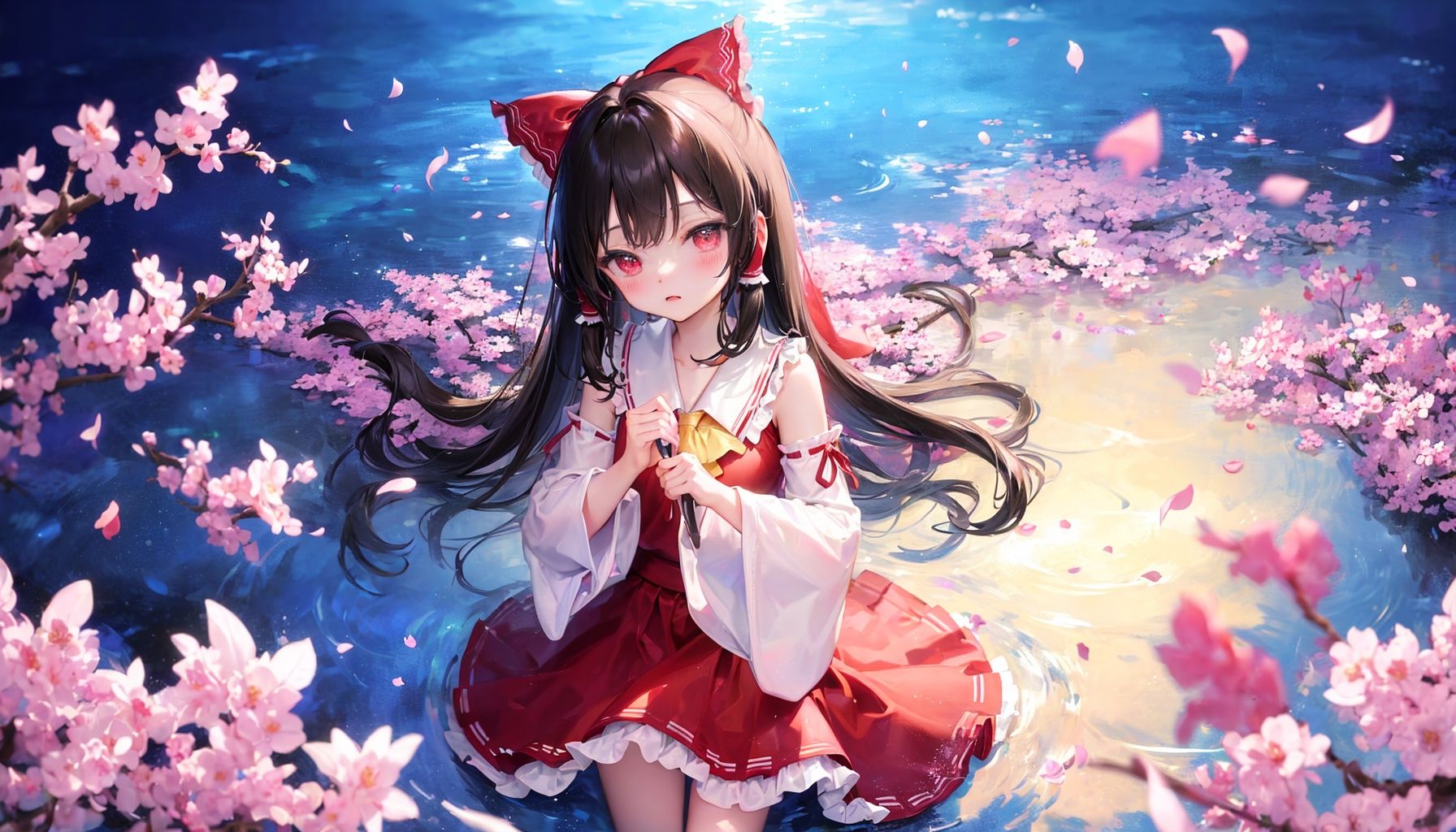 (blurry,  depth of field,  blurry foreground:1.3), masterpiece,  ultra detailed, ((from above , socks,  lying,  underwater,  floating hair,  starry sky reflection,  floating sakura petals,  rippling)), [half closed eyes], (high contrast:0.8), 1girl, (loli:1.4), solo, ((hakurei_reimu)),  hair_tubes,  detached_sleeves,  solo,  bow,  long_hair,  frills,  ribbon_trim,  red_bow,  hair_bow,  ribbon-trimmed_sleeves,  wide_sleeves,  red_skirt,  skirt,  looking_at_viewer,  ascot,  stairs,  frilled_bow,  black_hair, (((front view, cowboy shot))), brown eyes, (holding:1.2), <lora:EMS-668-EMS:0.300000>