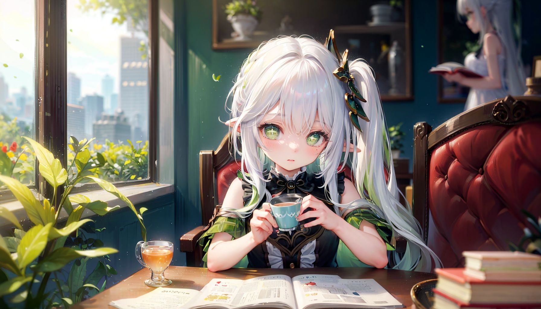 The scenery outside the window,(blurry, depth of field, perspective,blurry foreground:1.35),1girl,white hair,solo,long hair,cup,teacup,book,sitting,reading,The scenery outside the window,bow,chair,tea,anime coloring,loli,Lolita,green eyes,