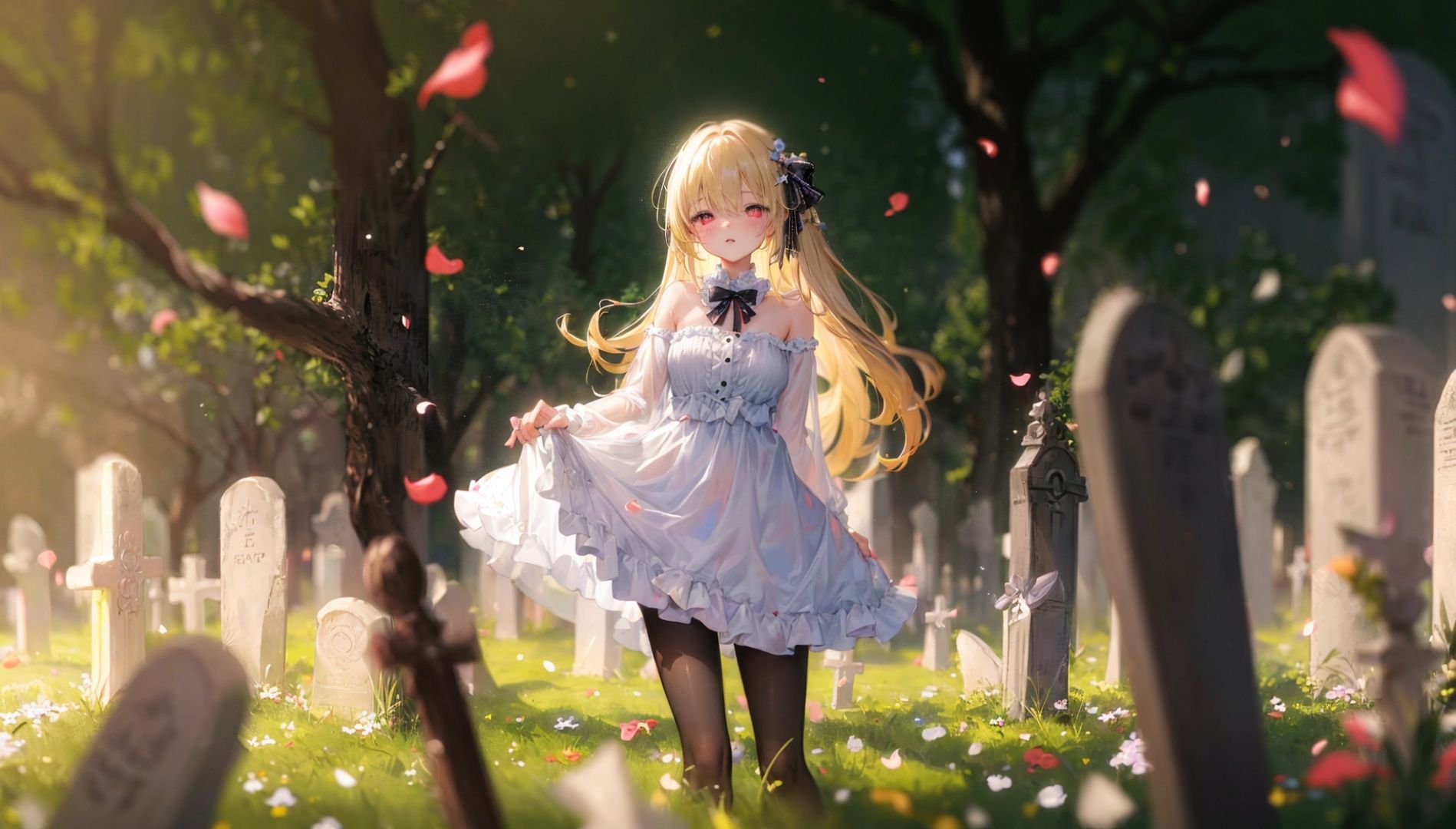 (blurry, depth of field, blurry foreground:1.3),1girl,graveyard,solo,long hair,red eyes,tree,blonde hair,cross,tombstone,pantyhose,petals,hair over one eye,dress,ghost,black pantyhose,(holding)