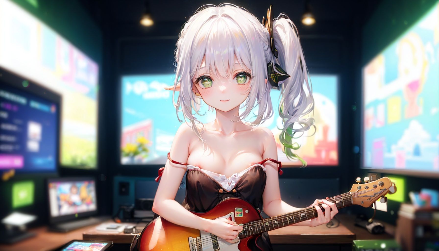 (blurry, depth of field,blurry foreground:1.35),1girl, solo, Sitting, sitting_down, smile, , illustration, masterpiece, best quality, beautiful face, loli, long_hair, white_hair, side ponytail,detailed eyes, green eyes, (upper body), cowboy shot, clear room, (guitar case), (headphones, tablet pc), ((computer, game console, box, chair, toy)), ((Play electric guitar)), (baggy clothes:1.4), light through window,full body,Lolita,dress,green eyes,bare shoulders,(((pale skin))),(((collarbone, strapless,cleavage,Small breasts))),(areola slip:1.53),(topless:0.6)