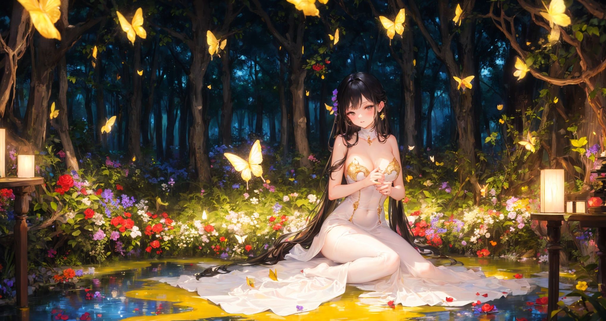 beauty,luxury,aesthetically pleasing,glowing,with a beautiful background,paired with butterflies,fireflies,lamps,with a seductive posture.soft light. The water below shimmered with light. Best quality,masterpiece,highly detailed,fashion photography,full body photography,purists,profound,mysterious,(night: 1.1) (gold/black theme:1.2),(loli:1.5),nature,dresses,flowers,butterflies,(1girl:1.2),aesthetic backgrounds,forests,flowers,trees,starry sky,(holding:1.2),