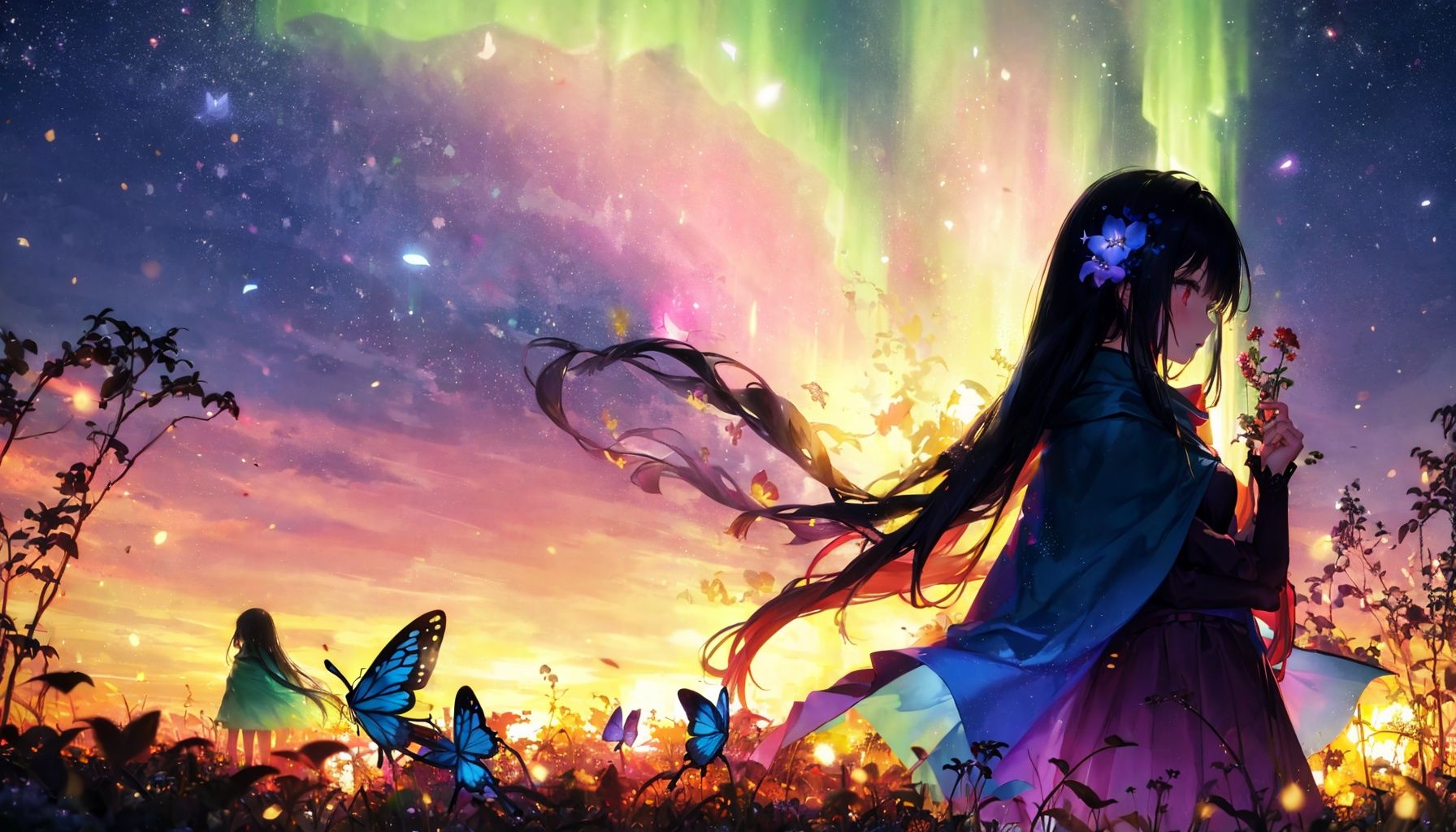 (silhouette:1.3), 1girl with lightblue long hair, hair flowers, with butterfly, cape, in the garden, at night, light particles, firefly, hime cut,  aurora,  ,  starry, strry light, night, colorful,