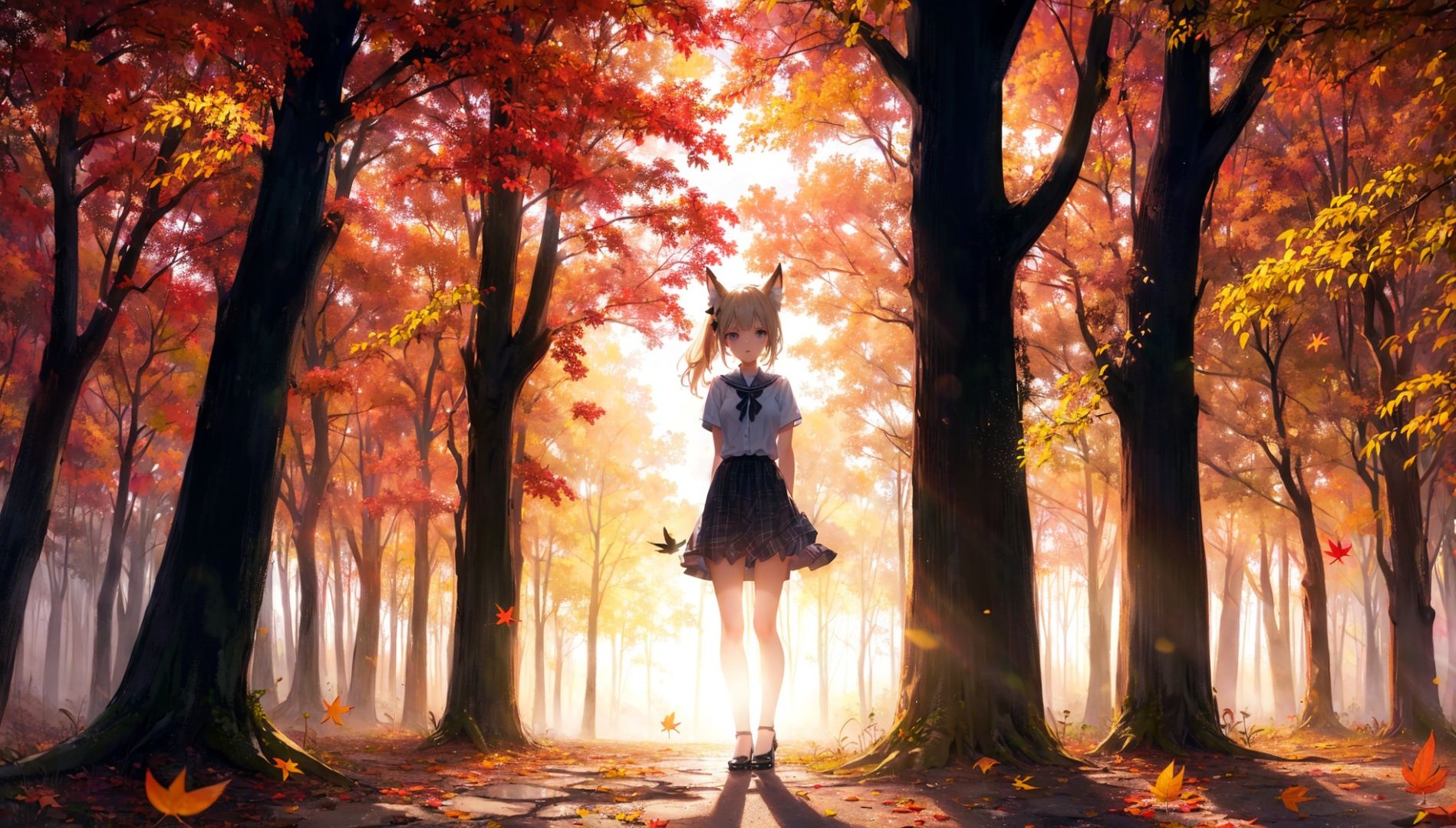 (sunset:1.25),(silhouette:1.3),1girl,solo,looking at viewer,sitting,fox ears,full body,strappy heels,plaid shirt,short sleeves,bow,bangs,low ponytail,blonde hair fox tail,fox girl,kitsune,((autumn,  outdoors,  day,  forest,  falling leaves,  bird,  leaf)),(fog,  dyntall effect),(wide shot,  panorama,  full body,  depth of field),(Flagstone road, branches),