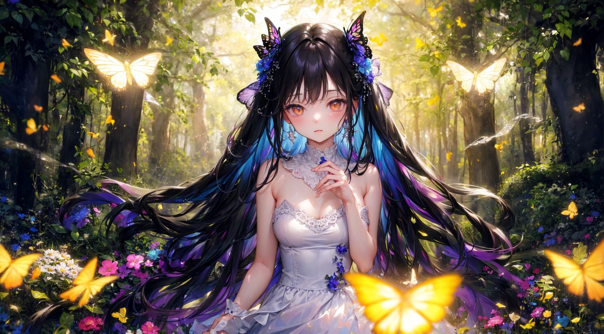 (blurry, depth of field,blurry foreground:1.2),beauty,luxury, aesthetically pleasing,glowing, with a beautiful background, paired with butterflies, fireflies, lamps, with a seductive posture.soft light. The water below shimmered with light. Best quality, masterpiece,highly detailed, fashion photography, full body photography, purists, profound, mysterious, (night: 1.1) (gold/black theme: 1.2) nature, dresses, flowers, butterflies,(1girl:1.2), aesthetic backgrounds, forests, flowers, trees,starry sky,